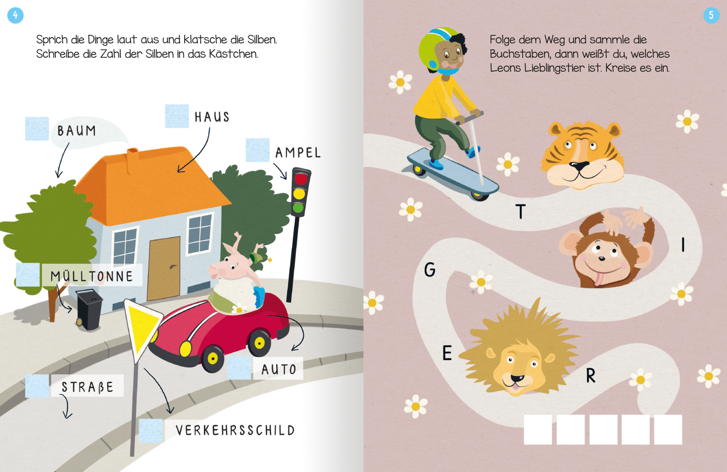 Gezeigt wird eine Innen- oder Zusatzansicht von „Erstes Lernen mit Spaß – Erstes Schreiben“. Die Seite zeigt eine bunte, kinderfreundliche Illustration mit verschiedenen Objekten wie einem Baum, einem Haus und einer Ampel, die durch eine Zeichnung mit einem Auto und einer lächelnden Figur ergänzt werden. Auf der rechten Seite verläuft ein geschwungener Weg, der von niedlichen Tierdarstellungen begleitet wird. Die Schrift ist klar und spielerisch, in sanften Farben, die eine einladende...