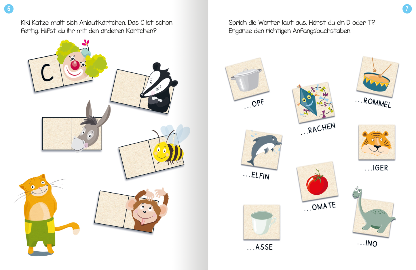 Gezeigt wird eine Innen- oder Zusatzansicht von „Erstes Lernen mit Spaß – Erstes Schreiben“. Die Seite enthält bunte Illustrationen von Tieren und einer fröhlichen Katze, die zusammen mit leeren Anlautkarten dargestellt sind. Auf der linken Seite sind mehrere Dominosteine zu sehen, während die rechte Seite mit verschiedenen Lückentexten und Bildern zur Wortvervollständigung gestaltet ist. Die Verwendung von klaren, verspielten Schriftarten und leuchtenden Farben fördert die...