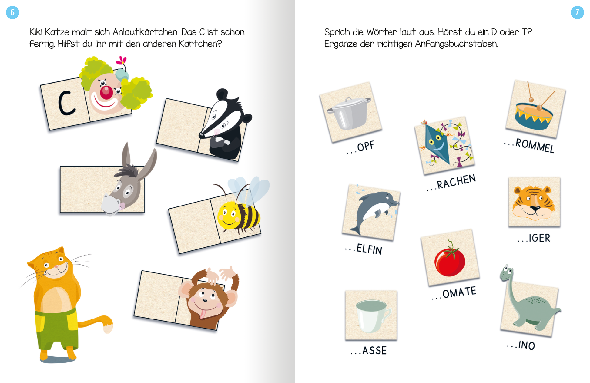 Gezeigt wird eine Innen- oder Zusatzansicht von „Erstes Lernen mit Spaß – Erstes Schreiben“. Die Seite enthält bunte Illustrationen von Tieren und einer fröhlichen Katze, die zusammen mit leeren Anlautkarten dargestellt sind. Auf der linken Seite sind mehrere Dominosteine zu sehen, während die rechte Seite mit verschiedenen Lückentexten und Bildern zur Wortvervollständigung gestaltet ist. Die Verwendung von klaren, verspielten Schriftarten und leuchtenden Farben fördert die...