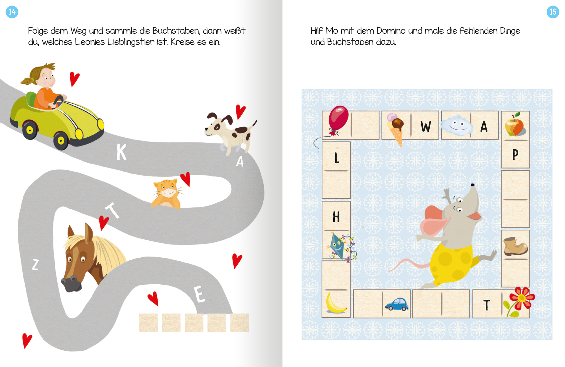 Gezeigt wird eine Innen- oder Zusatzansicht von „Erstes Lernen mit Spaß – Erstes Schreiben“. Die linke Seite zeigt eine farbenfrohe Illustration mit einem Mädchen in einem Auto, das einem gewundenen Weg folgen, um Buchstaben zu sammeln. Die Farben sind lebhaft und fröhlich, vorwiegend in Grün, Blau und Rot, während die Schrift klar und kindgerecht ist. Die rechte Seite präsentiert ein Domino-Spiel mit einem Mäuschen, umgeben von einfachen, bunten Illustrationen. Der Hintergrund ist...