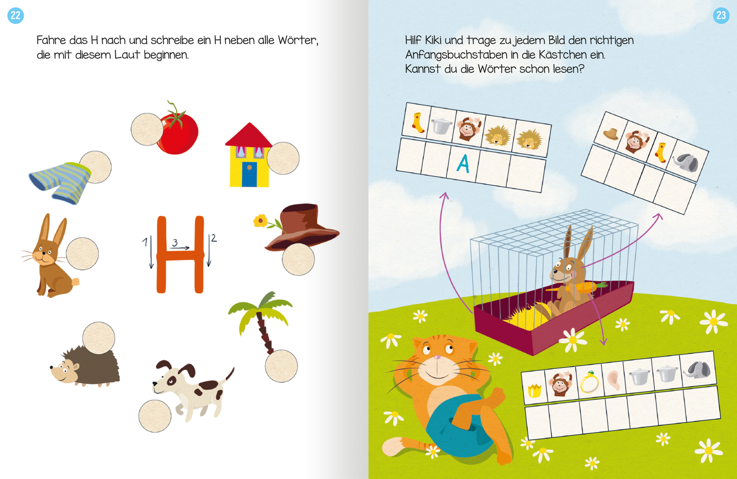 Gezeigt wird eine Innen- oder Zusatzansicht von „Erstes Lernen mit Spaß – Erstes Schreiben“. Die Seite ist bunt und kindgerecht gestaltet. Auf der linken Seite befindet sich ein großer, gelber Buchstabe „H“, umgeben von Illustrationen von Tieren und Gegenständen, die mit diesem Buchstaben beginnen. Auf der rechten Seite sieht man eine fröhliche Katze in einer Wiese, die mit einem Kaninchen interagiert. Die Schrift ist klar und gut lesbar, die Farbpalette umfasst einladende, helle...