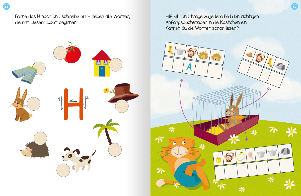Gezeigt wird eine Innen- oder Zusatzansicht von „Erstes Lernen mit Spaß – Erstes Schreiben“. Die Seite ist bunt und kindgerecht gestaltet. Auf der linken Seite befindet sich ein großer, gelber Buchstabe „H“, umgeben von Illustrationen von Tieren und Gegenständen, die mit diesem Buchstaben beginnen. Auf der rechten Seite sieht man eine fröhliche Katze in einer Wiese, die mit einem Kaninchen interagiert. Die Schrift ist klar und gut lesbar, die Farbpalette umfasst einladende, helle...
