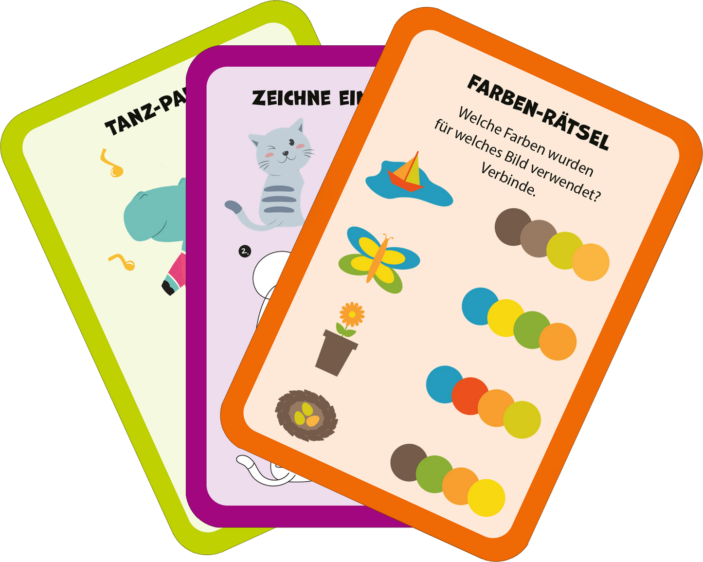 Gezeigt wird eine Innen- oder Zusatzansicht von „Zum Schulstart – Kunterbunte Pausen-Ideen“. Die Ansicht zeigt drei farbenfrohe Karten in unterschiedlichen Farben: eine grüne, lilafarbene und orange Karte. Jede Karte enthält Illustrationen von Tieren und Gegenständen sowie Aktivitäten. Die Überschriften sind klar und in einer großen, deutlichen Schriftart gehalten. Die Karten sind mit kindgerechten Grafiken verziert, die die Gestaltung lebhaft und ansprechend machen.