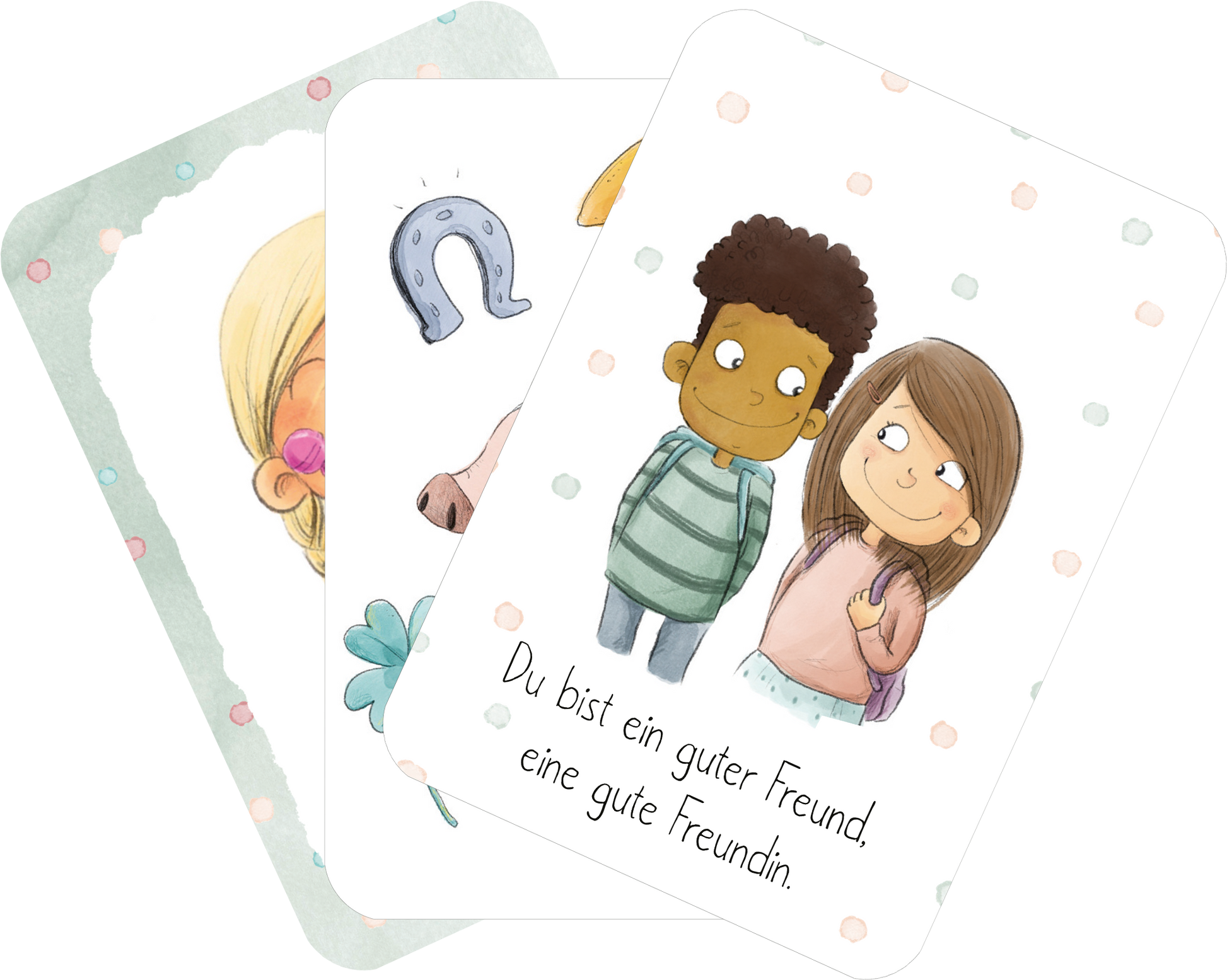 Gezeigt wird eine Innen- oder Zusatzansicht von „Mutmachkarten“. Die Karten zeigen farbenfrohe, kindgerechte Illustrationen, darunter zwei Kinder, die sich freundlich anlächeln. Unter den Kindern steht der Text „Du bist ein guter Freund, eine gute Freundin.“ Die Karten sind in sanften Pastelltönen gehalten, mit Punkten als dekorative Elemente, und vermitteln eine positive, unterstützende Botschaft.