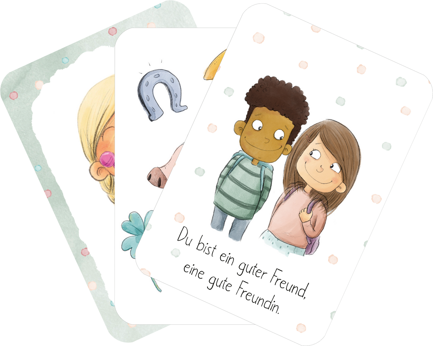 Gezeigt wird eine Innen- oder Zusatzansicht von „Mutmachkarten“. Die Karten zeigen farbenfrohe, kindgerechte Illustrationen, darunter zwei Kinder, die sich freundlich anlächeln. Unter den Kindern steht der Text „Du bist ein guter Freund, eine gute Freundin.“ Die Karten sind in sanften Pastelltönen gehalten, mit Punkten als dekorative Elemente, und vermitteln eine positive, unterstützende Botschaft.