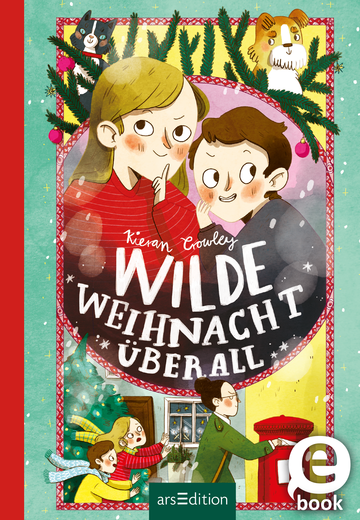 Das Buchcover zeigt eine fröhliche Weihnachtsatmosphäre mit bunten Farben. In der Mitte stehen zwei Kinder, ein Junge und ein Mädchen, die lächeln und sich freuen. Der Titel „WILDE WEIHNACHT ÜBER ALL“ ist in großen, verspielten Buchstaben gestaltet. Um sie herum sind weihnachtliche Elemente wie Geschenke, Tannenzweige und ein dekorierter Weihnachtsbaum zu sehen. Oben sind kleine Tiere abgebildet, die die festliche Stimmung unterstreichen. Ein SPIEGEL-Bestseller-Button ist vorhanden....