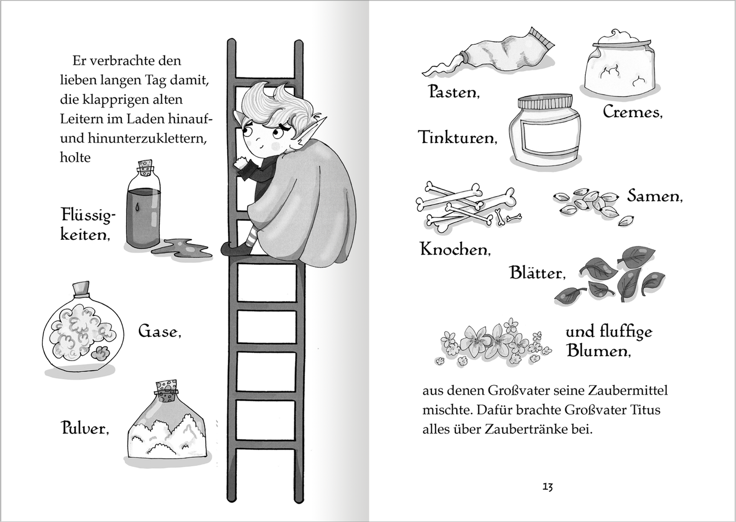 Gezeigt wird eine Innen- oder Zusatzansicht von „Der kleine Magier – Die Zauber-Apotheke“. Auf der linken Seite wird ein junger, blondhaariger Magier gezeigt, der auf einer Leiter steht und verschiedene Behälter mit Zutaten wie Flüssigkeiten, Pulver und Gasen hält. Die rechte Seite listet zahlreiche magische Bestandteile wie Pasten, Tinkturen, Knochen und Blumen auf. Die Illustration ist in Schwarzweiß gehalten und verwendet eine sanfte, verspielte Typografie, die das magische Thema...
