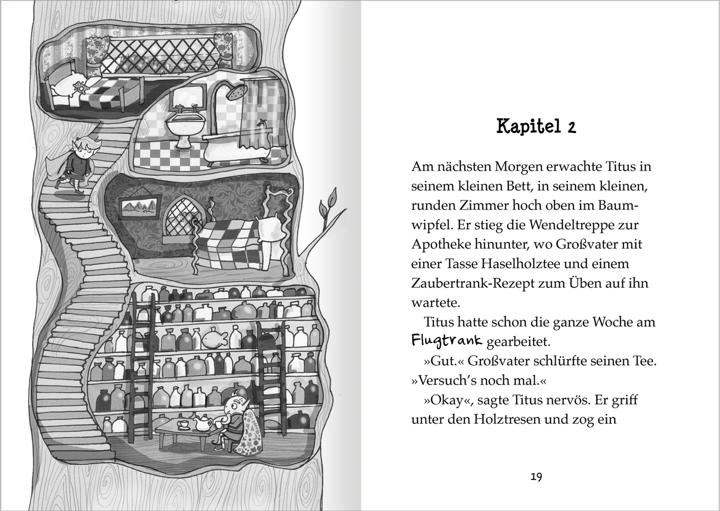 Gezeigt wird eine Innenansicht von „Der kleine Magier – Die Zauber-Apotheke“. Die Illustration zeigt eine geschwungene Treppe, die zu einer Apotheke führt, umgeben von mehreren Regalen mit Flaschen und Kräutern. In einem runden Zimmer sitzt der Protagonist Titus an einem Tisch, während ein älterer Mann mit einer Tasse in der Hand neben ihm steht. Die Bilder sind in monochromen Grautönen gehalten, während die Kapitelüberschrift „Kapitel 2“ in einer verspielten, handschriftlichen...