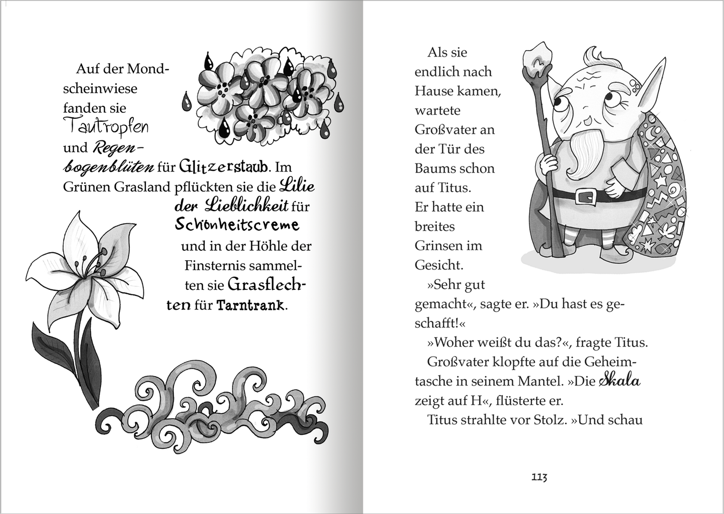 Gezeigt wird eine Innen- oder Zusatzansicht von „Der kleine Magier – Die Zauber-Apotheke“. Auf der linken Seite befindet sich eine detaillierte Illustration einer Lilie in Schwarz-Weiß, umgeben von Tropfen und geschwungenen Ornamenten. Die rechte Seite zeigt eine Illustration eines älteren, bärtigen Magiers mit einem breiten Grinsen. Der Text ist in kindgerechter Schrift gehalten, wobei die typografische Gestaltung in klaren, lesbaren Linien angeordnet ist, um eine ansprechende...