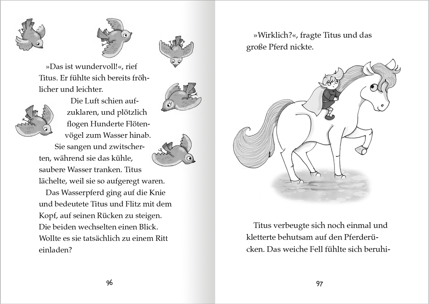 Gezeigt wird eine Innen- oder Zusatzansicht von „Der kleine Magier – Rettung für das Wasserpferd“. Auf der linken Seite sind Illustrationen von fliegenden Vögeln in sanften Farbtönen, während rechts ein großes, freundliches Wasserpferd und ein kleiner Junge abgebildet sind. Die Seiten sind in einem klaren, leicht lesbaren Layout gestaltet. Die Schrift ist gut lesbar, mit großen, geräumigen Buchstaben in Schwarz auf weißem Hintergrund und einer verspielten, kindgerechten Typografie.