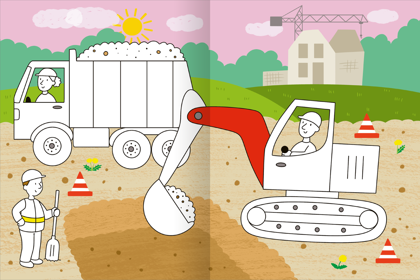 Gezeigt wird eine Innen- oder Zusatzansicht von „Mein großes buntes Malbuch – Fahrzeuge“. Die Illustration zeigt eine Baustelle mit einem Bagger und einem Lkw, beide in kräftigen Farben. Der Bagger mit rotem Arm hebt Erde, während ein freundlicher Bauarbeiter mit einem Spaten daneben steht. Im Hintergrund sind ein Kran und ein Gebäude sichtbar, unter einem sonnigen, pinken Himmel. Die klare, einfache Typografie unterstreicht die kindgerechte Gestaltung.