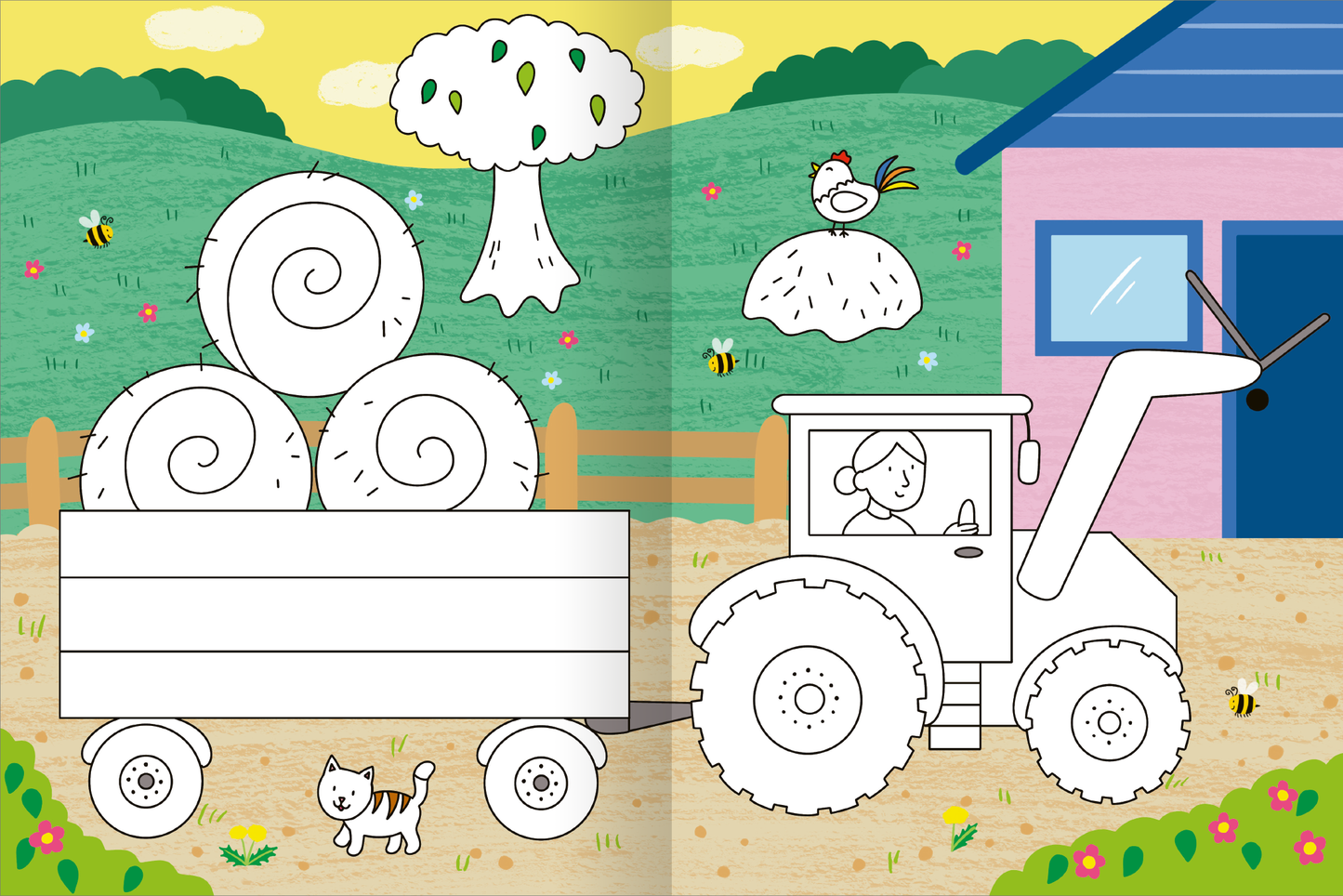 Gezeigt wird eine Innen- oder Zusatzansicht von „Mein großes buntes Malbuch – Fahrzeuge“. Die Illustration zeigt einen Traktor, der mit Heuballen beladen ist, sowie eine junge Person am Steuer. Im Hintergrund sind eine pinke Scheune mit einem blauen Dach, ein Baum und eine Wiese mit bunten Blumen dargestellt. Farbliche Akzente setzen gelbe Blumen und eine Katze im Vordergrund. Die klare Typografie betont das kinderfreundliche Design.