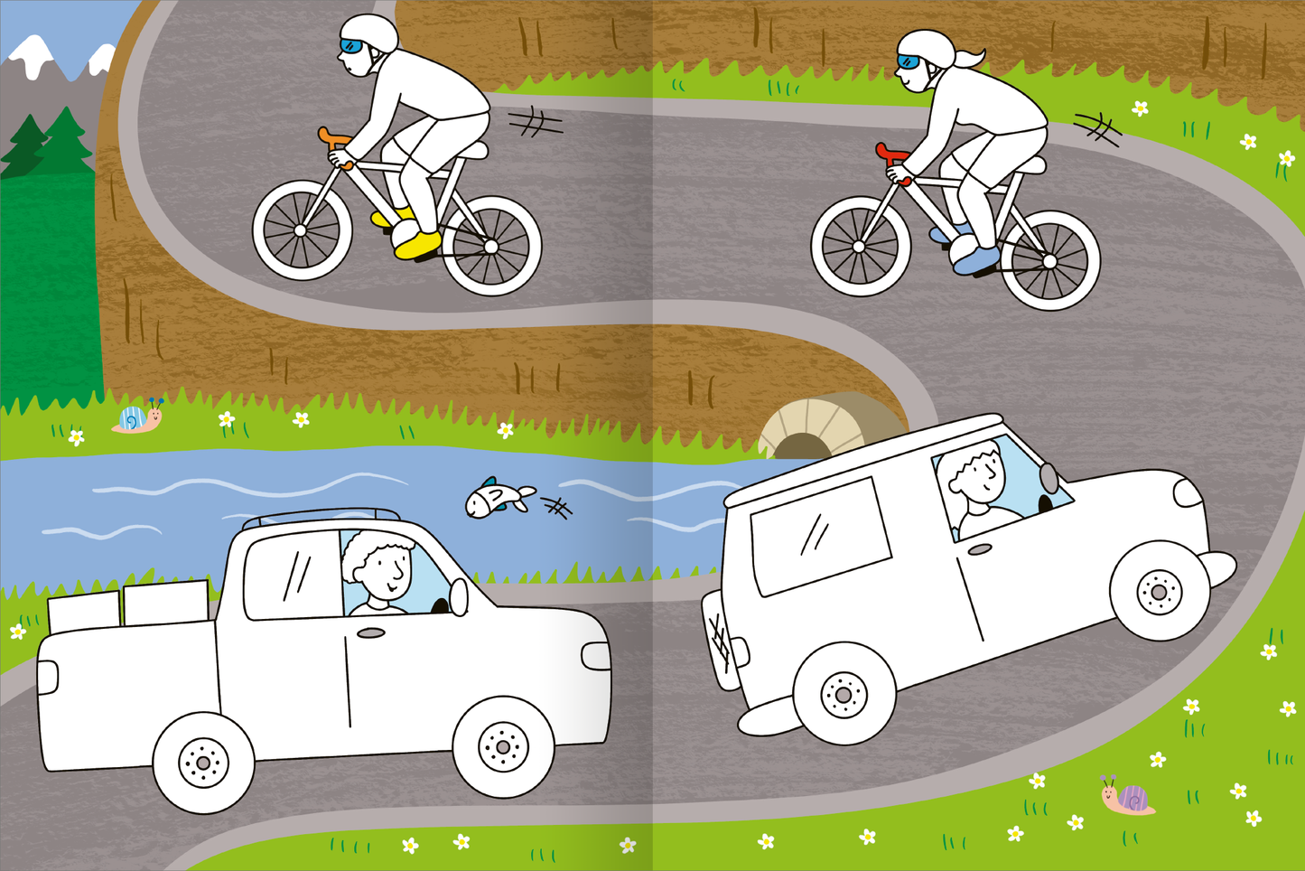 Gezeigt wird eine Innen- oder Zusatzansicht von „Mein großes buntes Malbuch – Fahrzeuge“. Die Darstellung zeigt eine grüne Landschaft mit geschwungenen Straßen. Oben fahren zwei Radfahrer auf Fahrrädern, einer in Gelb. Unten sind zwei Fahrzeuge, ein Pickup und ein Van, in weißer Farbe, die vorbeifahren. Im Hintergrund sind ein Fluss mit einem Fisch und sanfte Hügel sichtbar. Die Typografie ist freundlich und einladend, was die kindliche Zielgruppe anspricht.