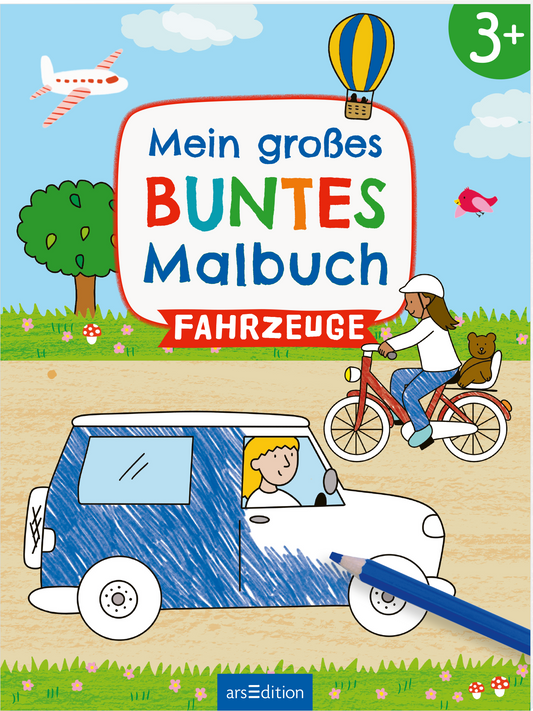 Das Cover zeigt eine fröhliche Landschaft mit einem blauen Himmel und bunten Wolken. Oben steht in farbenfroher Schrift „Mein großes BUNTES Malbuch“ in Großbuchstaben, darunter ist „Fahrzeuge“ in einer roten Schrift gesetzt. Im Vordergrund ist ein weißes Auto abgebildet, in dem ein lächelndes Kind sitzt. Eine Radfahrerin mit einem Teddy auf dem Gepäckträger und ein Heißluftballon im Hintergrund vervollständigen die lebendige Szene. Ganz unten mittig steht der Logoschriftzug von...