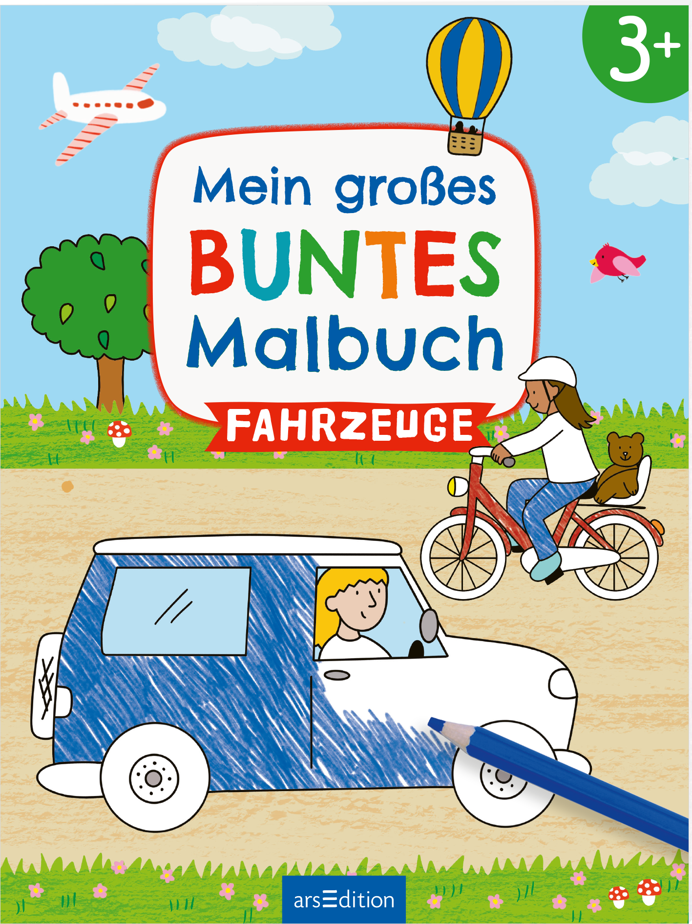 Das Cover zeigt eine fröhliche Landschaft mit einem blauen Himmel und bunten Wolken. Oben steht in farbenfroher Schrift „Mein großes BUNTES Malbuch“ in Großbuchstaben, darunter ist „Fahrzeuge“ in einer roten Schrift gesetzt. Im Vordergrund ist ein weißes Auto abgebildet, in dem ein lächelndes Kind sitzt. Eine Radfahrerin mit einem Teddy auf dem Gepäckträger und ein Heißluftballon im Hintergrund vervollständigen die lebendige Szene. Ganz unten mittig steht der Logoschriftzug von...