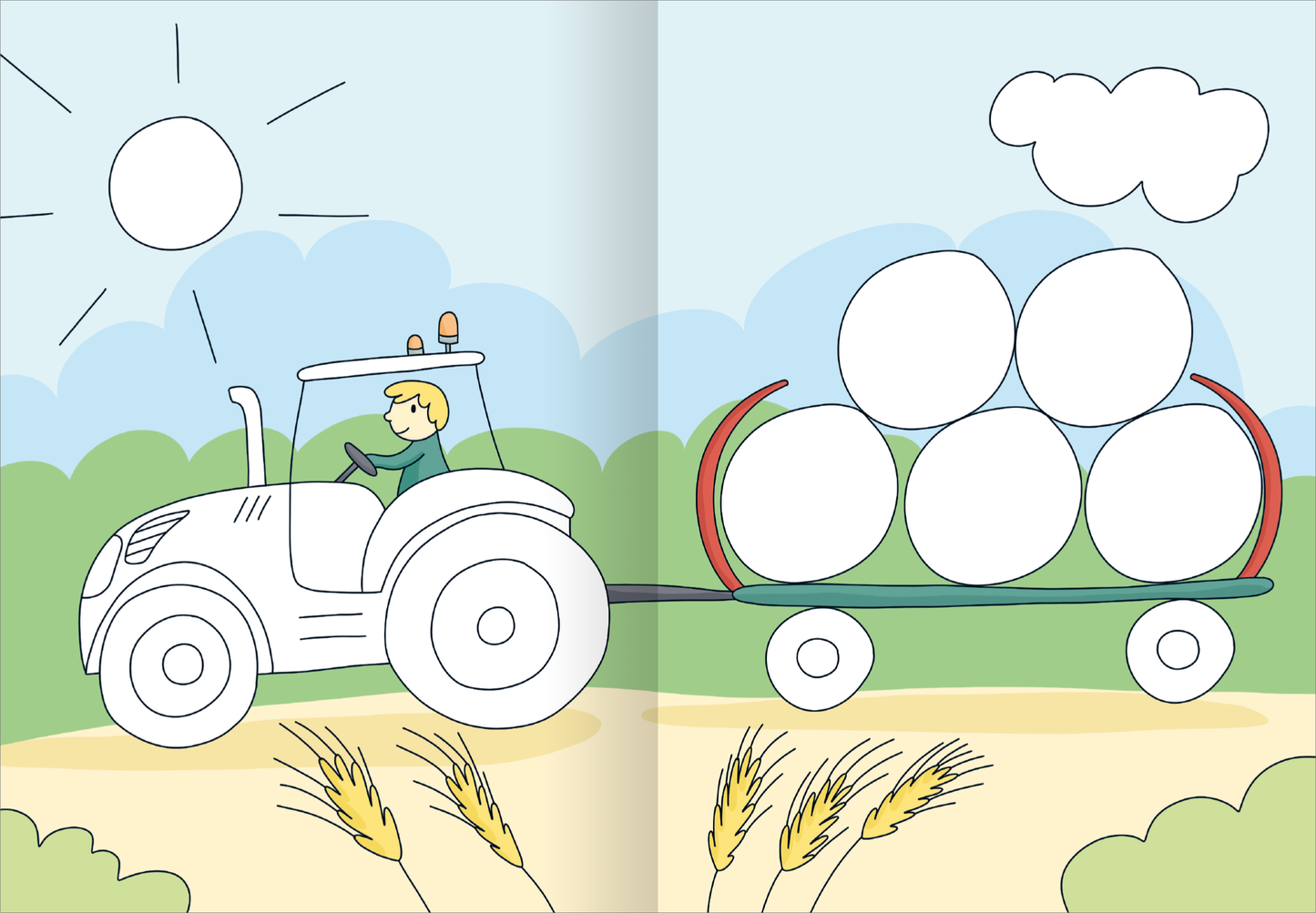 Gezeigt wird eine Innen- oder Zusatzansicht von „Mein großes buntes Malbuch – Bauernhof“. Die Illustration zeigt einen weißen Traktor, der mit einem grünen Anhänger beladen ist, auf dem große, runde, weiße Ballen liegen. Im Hintergrund befinden sich sanfte Hügel in verschiedenen Grüntönen, unter einem klaren, blauen Himmel mit einer einzelnen Wolke. Die Sonne strahlt hell und die Vordergrundabteilung zeigt goldene Ähren, die den ländlichen Charakter unterstreichen. Die...