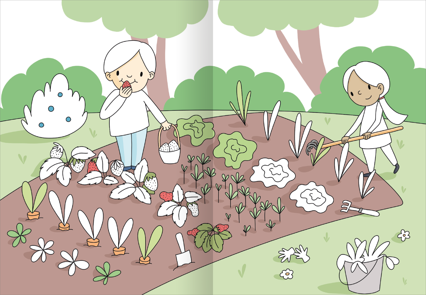 Gezeigt wird eine Innen- oder Zusatzansicht von „Mein großes buntes Malbuch – Bauernhof“. Die Illustration zeigt zwei Kinder in einem Garten, umgeben von verschiedenen Gemüsepflanzen und Blumen. Die Blumen sind in sanften Farbtönen gehalten, während die Erde braun und die Pflanzen grün sind. Der Junge auf der linken Seite hält einen Korb und isst eine Erdbeere, während das Mädchen rechts mit einer Schaufel arbeitet. Die Schrift ist klar und freundlich gestaltet, passend zum...