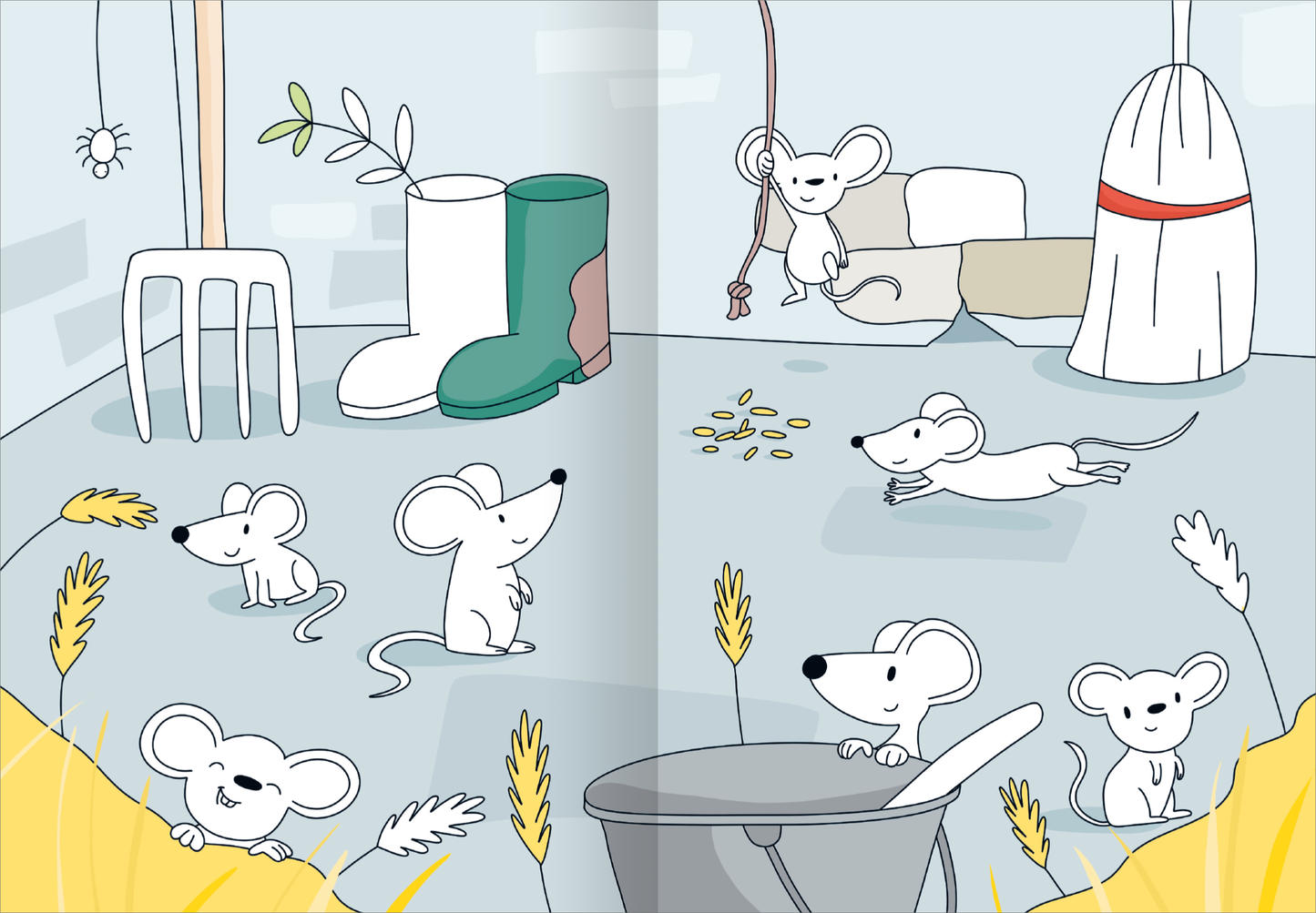 Gezeigt wird eine Innen- oder Zusatzansicht von „Mein großes buntes Malbuch – Bauernhof“. Die Illustration zeigt eine helle Szene in einem Stall mit mehreren kleinen, niedlichen Mäusen, die aktiv und fröhlich umherlaufen. Im Hintergrund sind grüne Gummistiefel, eine Gabel und ein Besen abgebildet, die in sanften Pastellfarben gestaltet sind. Die Typografie im Buch ist kindgerecht und gut lesbar, was die fröhliche, einladende Atmosphäre unterstreicht.
