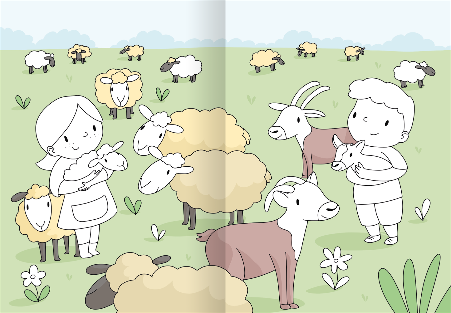 Gezeigt wird eine Innen- oder Zusatzansicht von „Mein großes buntes Malbuch – Bauernhof“. Die Illustration zeigt eine weite Wiese mit mehreren Schafen und Ziegen. Ein Kind und ein Mädchen interagieren mit den Tieren, das Mädchen hält ein Lamm in den Armen. Die Szene ist in sanften Pastellfarben gehalten, mit überwiegend Grüntönen für das Gras und helleren Farbtönen für die Tiere. Die Typografie ist einfach und kindgerecht.
