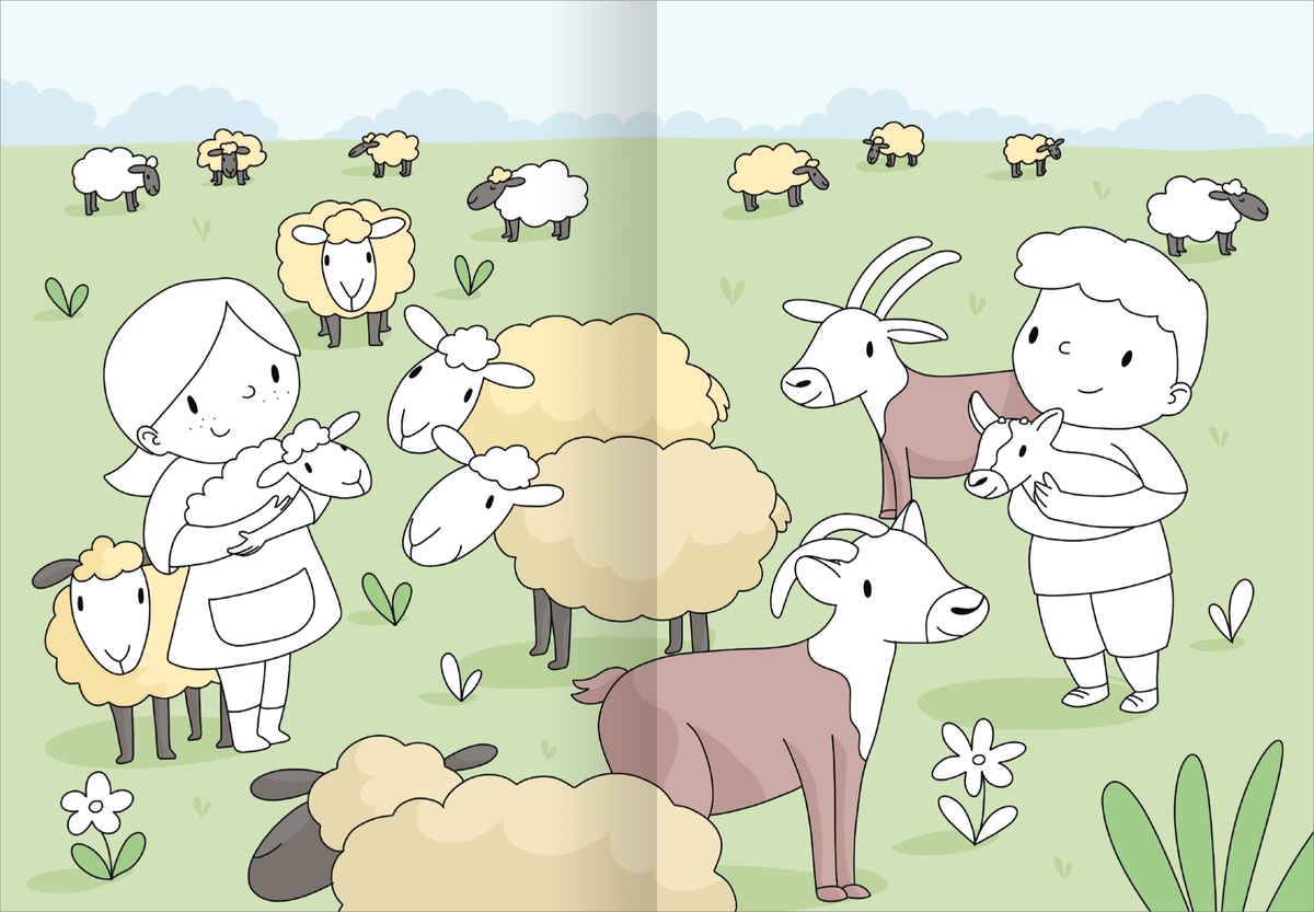 Gezeigt wird eine Innen- oder Zusatzansicht von „Mein großes buntes Malbuch – Bauernhof“. Die Illustration zeigt eine weite Wiese mit mehreren Schafen und Ziegen. Ein Kind und ein Mädchen interagieren mit den Tieren, das Mädchen hält ein Lamm in den Armen. Die Szene ist in sanften Pastellfarben gehalten, mit überwiegend Grüntönen für das Gras und helleren Farbtönen für die Tiere. Die Typografie ist einfach und kindgerecht.