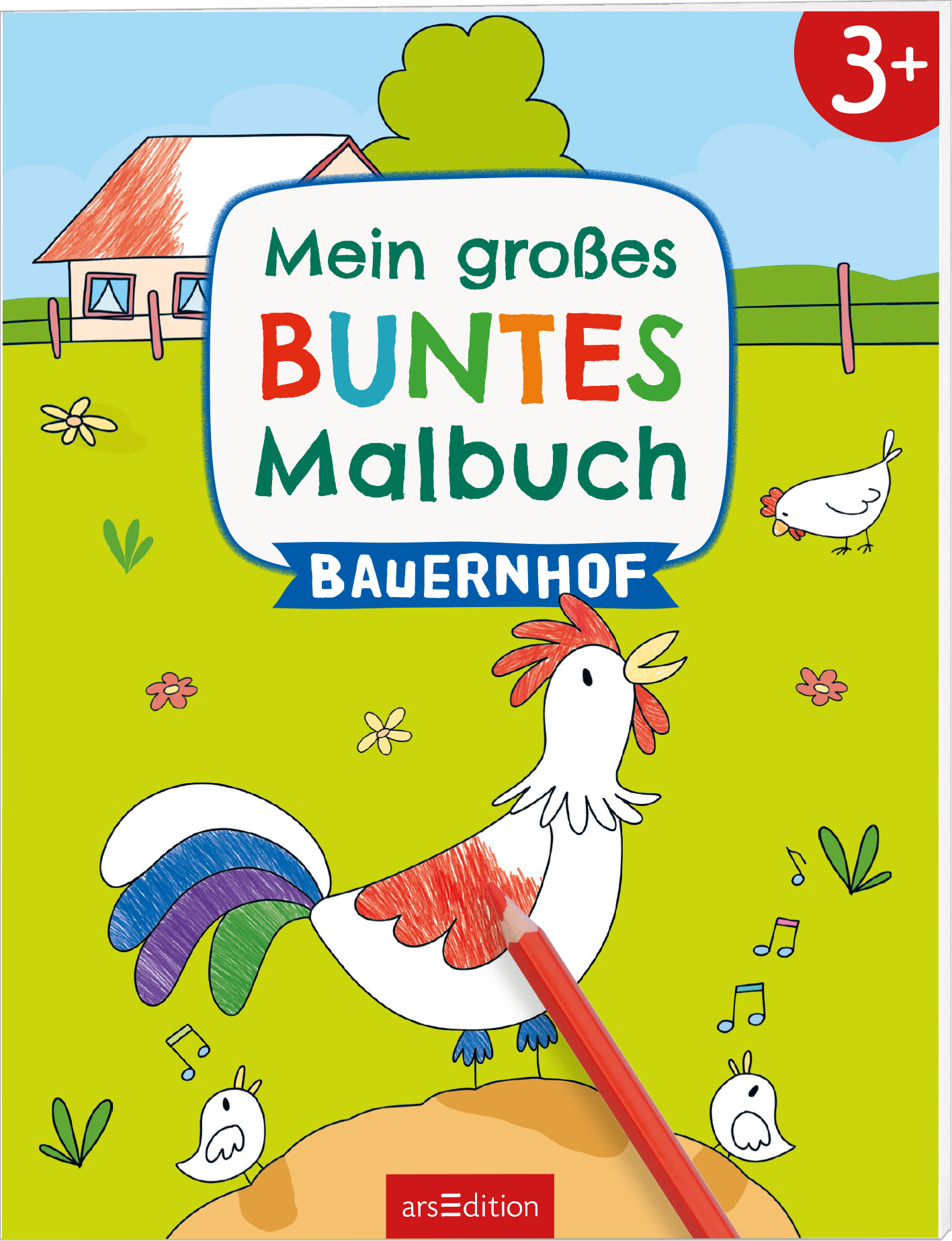 Das Buchcover zeigt einen bunten, lustigen Bauernhof mit einem lebhaften Hahn im Vordergrund, der einen bunten Pinsel in seinem Schnabel hält. Im Hintergrund sieht man ein einfaches, ländliches Haus mit rotem Dach und grüne Wiesen. Der Titel „Mein großes BUNTES Malbuch BAUERNHOF“ ist in auffälligen, fröhlichen Buchstaben gestaltet, wobei „BUNTES“ besonders hervorgehoben ist. Oben rechts ist ein rotes Zeichen mit der 3+ Altersangabe zu sehen. Ganz unten mittig steht der...