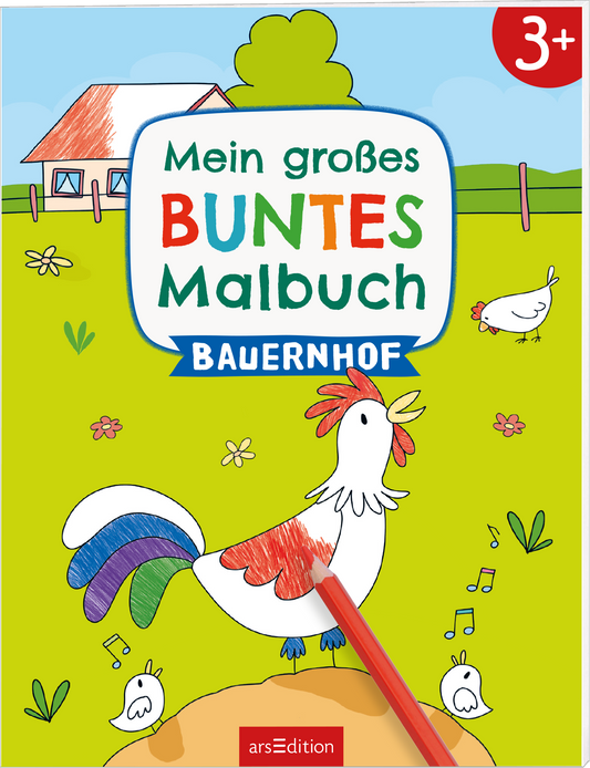Das Buchcover zeigt einen bunten, lustigen Bauernhof mit einem lebhaften Hahn im Vordergrund, der einen bunten Pinsel in seinem Schnabel hält. Im Hintergrund sieht man ein einfaches, ländliches Haus mit rotem Dach und grüne Wiesen. Der Titel „Mein großes BUNTES Malbuch BAUERNHOF“ ist in auffälligen, fröhlichen Buchstaben gestaltet, wobei „BUNTES“ besonders hervorgehoben ist. Oben rechts ist ein rotes Zeichen mit der 3+ Altersangabe zu sehen. Ganz unten mittig steht der...