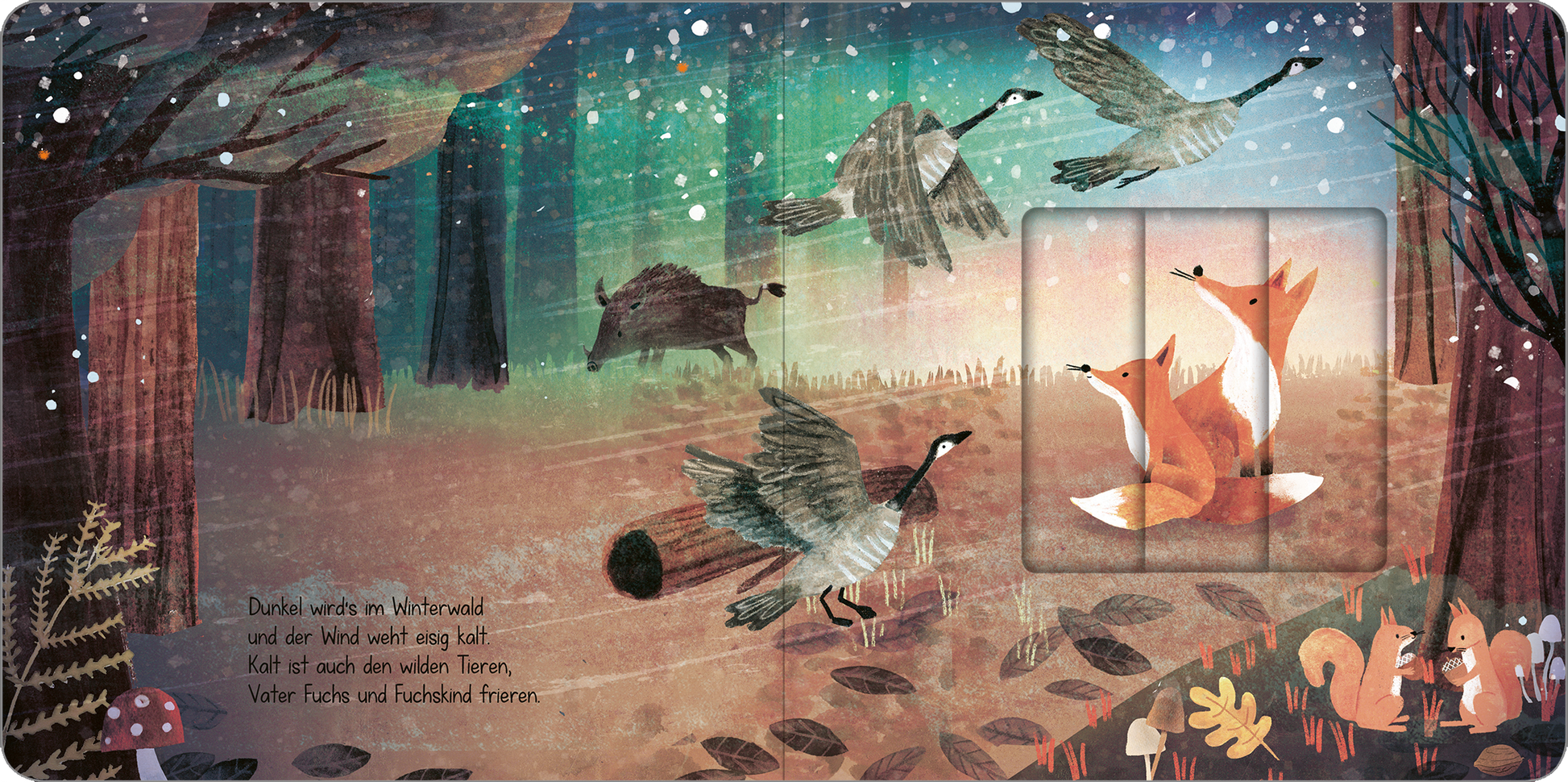 Gezeigt wird eine Innen- oder Zusatzansicht von „Wenn es Winter wird und schneit“. Die Illustration zeigt einen winterlichen Wald mit bunten Laubbäumen und schneebedecktem Boden. Zwei Füchse sitzen in der Mitte, umgeben von Wildgänsen im Flug und anderen Tieren wie einem Igel und einem Eichhörnchen. Die Farben sind überwiegend kühles Blau, Braun und Weiß, die eine ruhige, winterliche Atmosphäre schaffen. Der Text ist in klarer, gut lesbarer Schrift auf der linken Seite eingebettet.