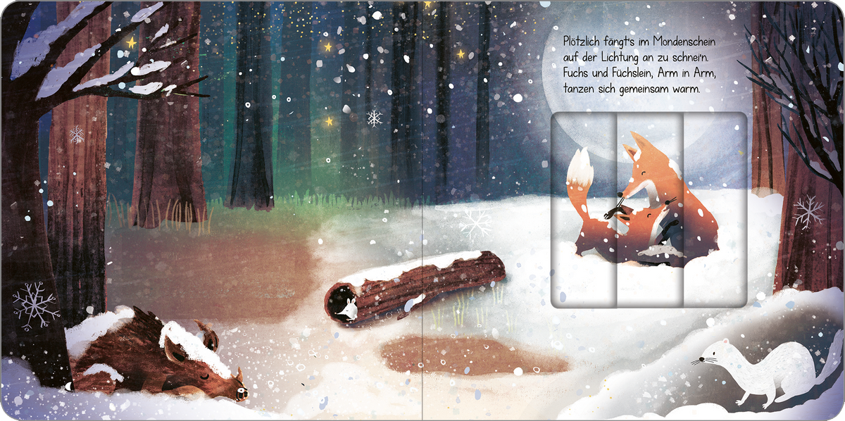 Gezeigt wird eine Innen- oder Zusatzansicht von „Wenn es Winter wird und schneit“. Die Illustration zeigt eine verschneite Waldlandschaft mit hohen, dunklen Bäumen im Hintergrund. Im Vordergrund stehen ein graues Wildschwein und ein brauner Fuchs, der zusammen mit einem anderen Fuchs auf einem Baumstamm sitzt. Die Farbpalette umfasst sanfte Blautöne und Weiß, die eine winterliche Stimmung vermitteln. Die Typografie ist freundlich und modern, die Schrift ist gut lesbar.