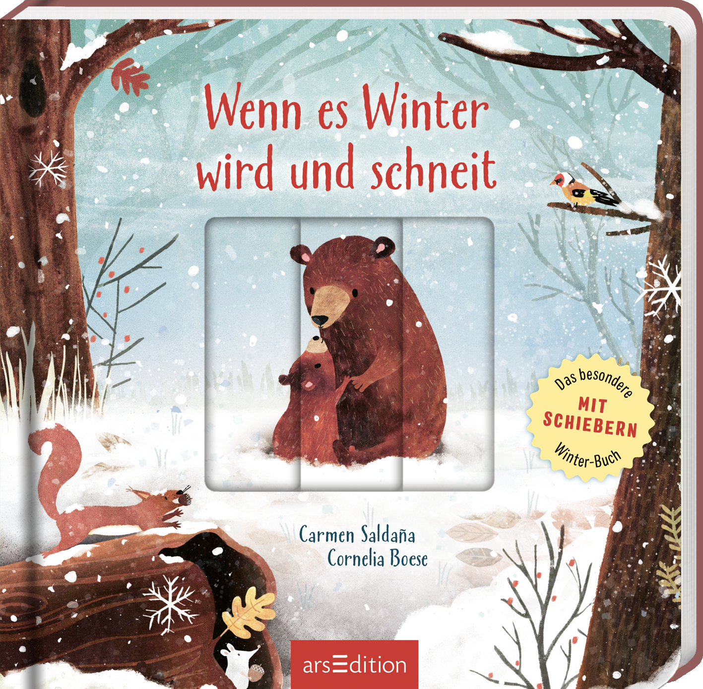 Das Buchcover zeigt eine winterliche Szene in sanften, kühlen Farbtönen. Im Vordergrund stehen ein brauner Bär und ihr behütetes Jungtier, umgeben von schneebedeckten Bäumen, die von roten und grünen Akzenten geprägt sind. Der Titel „Wenn es Winter wird und schneit“ ist in fröhlichem Rot Schriftzug in einem verspielten Stil platziert. In der oberen rechten Ecke ist ein gelber SPIEGEL-Bestseller-Button mit dem Text „Das besondere mit Schiebern Winter-Buch“ abgebildet. Ganz unten...