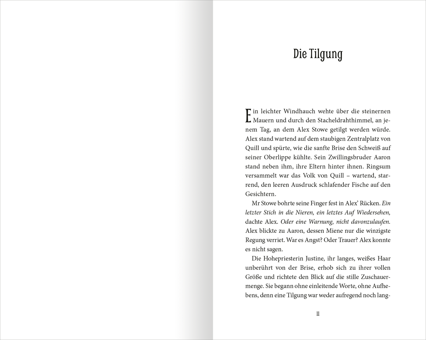 Gezeigt wird eine Innenansicht von „Wächter der Magie – Aufbruch nach Artimé“. Die Seite zeigt den beginnenden Text unter dem Titel „Die Tilgung“ in klarer, gut lesbarer Schrift. Die Typografie ist in Schwarz gehalten und hebt sich deutlich vom weißen Hintergrund ab.