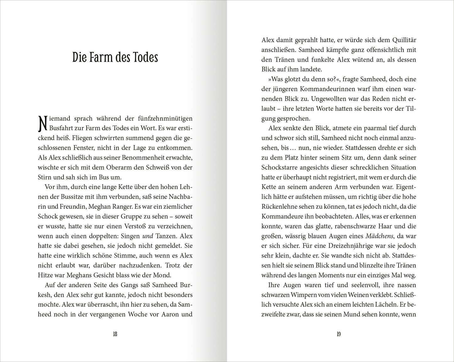 Gezeigt wird eine Innenansicht von „Wächter der Magie – Aufbruch nach Artimé“. Die Seiten sind in einem klaren, gut lesbaren Layout gestaltet, mit einer eleganten Serifenschrift in dunklem Schwarz auf hellem Hintergrund. Der Titel „Die Farm des Todes“ steht als Überschrift in größerer Schriftgröße, zentriert und deutlich hervorgehoben. Der Text ist in Absätze gegliedert, wodurch die Lesbarkeit erhöht wird. Kleine Illustrationen oder Absatzmarkierungen sind nicht sichtbar.