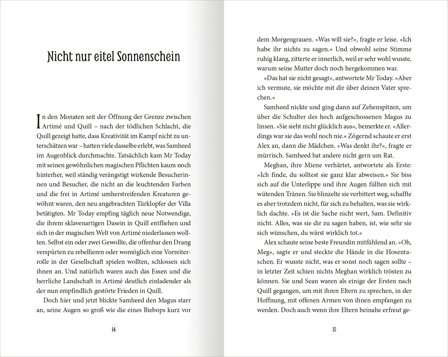 Gezeigt wird eine Innen- oder Zusatzansicht von „Wächter der Magie – Die zwei Schicksale“. Die Seiten zeigen einen klaren, gut lesbaren Schriftsatz in dunkler Typografie auf hellem Hintergrund. Die Kapitelüberschrift ist durch größere Schrift und fettgedruckte Elemente hervorgehoben.
