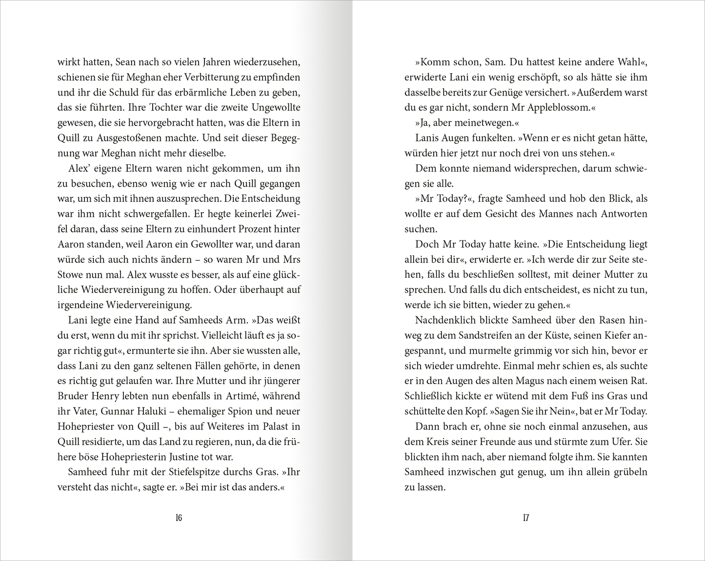 Gezeigt wird eine Innen- oder Zusatzansicht von „Wächter der Magie – Die zwei Schicksale“. Die Doppelseite zeigt den Text im zweispaltigen Layout, unterbrochen von klaren Absätzen. Der Schriftstil ist gut lesbar in einem dunklen Farbton auf hellem Hintergrund. Die Seitenzahlen sind am unteren Rand in der Mitte positioniert.