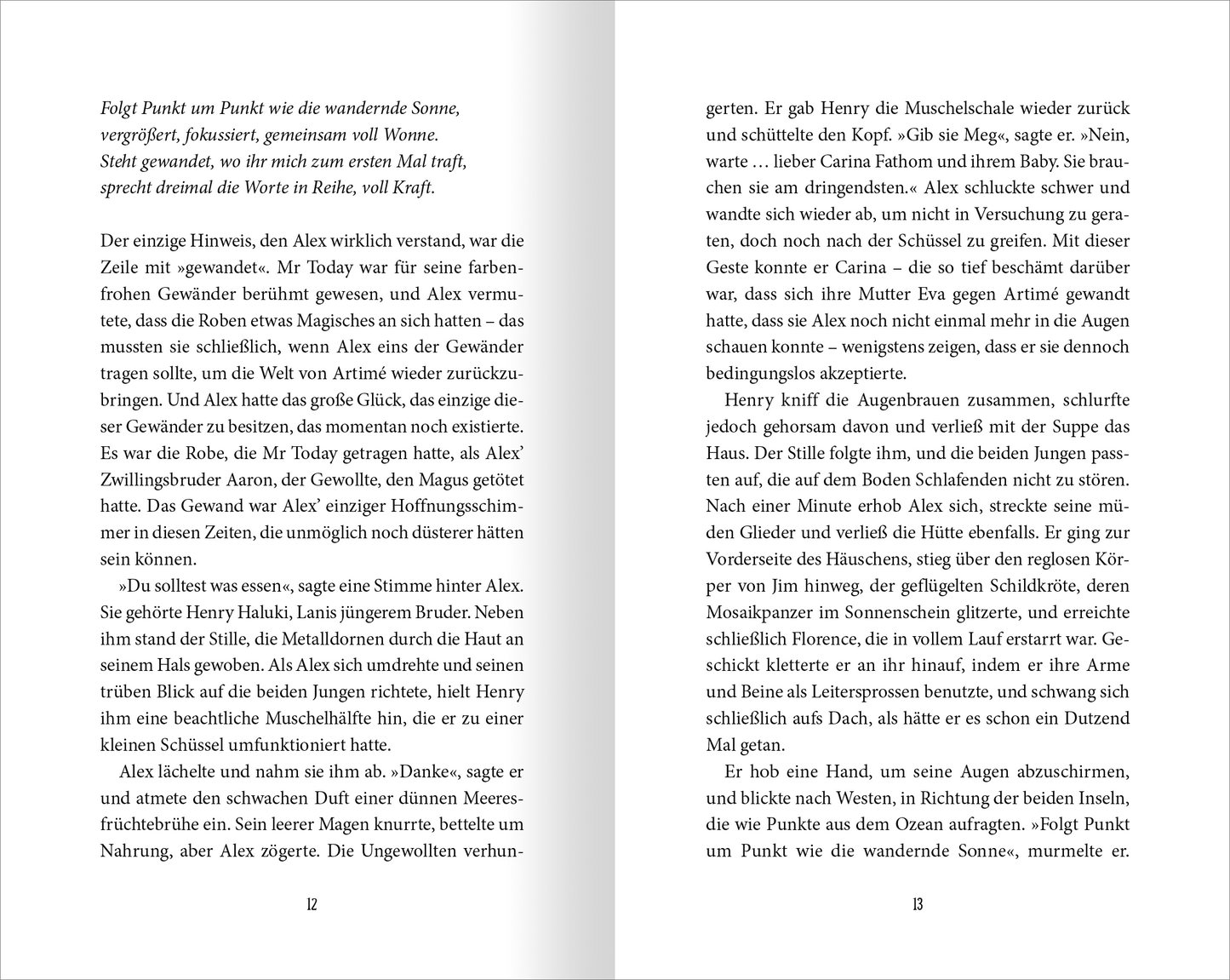 Gezeigt wird eine Innen- oder Zusatzansicht von „Wächter der Magie – Die Feuerinsel“. Die Seite zeigt zwei Spalten Text in einer klaren, gut lesbaren Serifenschrift. Der Hintergrund ist in einem Weiß gehalten, während der Text in dunkler Schriftfarbe kontrastiert. Zwischen den Absätzen sind schmale Zeilenabstände, die die Lesbarkeit erhöhen. Die Seitenzahlen befinden sich am unteren Rand.