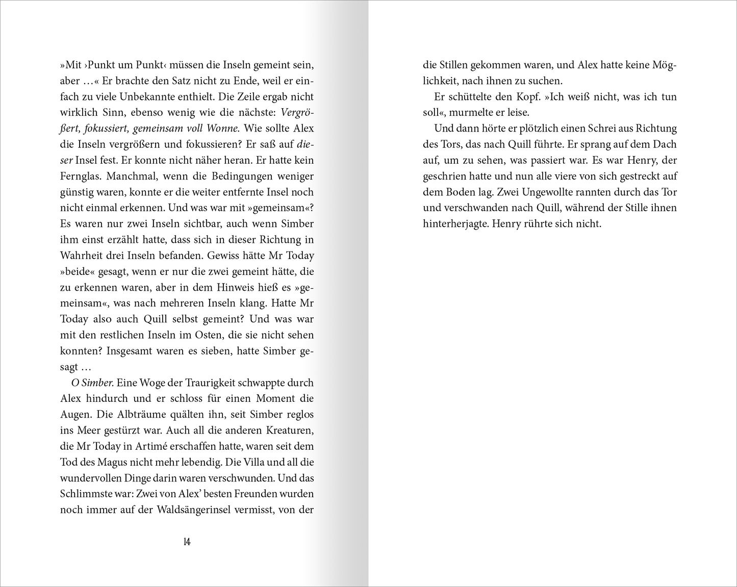 Gezeigt wird eine Innen- oder Zusatzansicht von „Wächter der Magie – Die Feuerinsel“. Die Seite zeigt zwei Spalten Text in einer klaren, gut lesbaren Serifenschrift. Der Hintergrund ist in einem Weiß gehalten, während der Text in dunkler Schriftfarbe kontrastiert. Zwischen den Absätzen sind schmale Zeilenabstände, die die Lesbarkeit erhöhen. Die Seitenzahlen befinden sich am unteren Rand.
