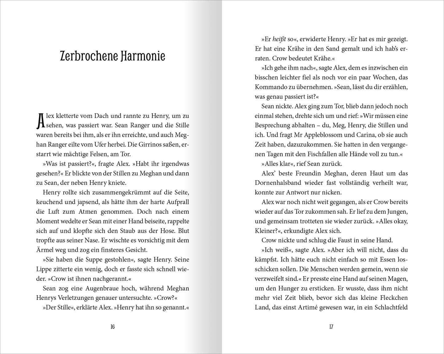 Gezeigt wird eine Innen- oder Zusatzansicht von „Wächter der Magie – Die Feuerinsel“. Die Seite zeigt zwei Spalten Text in einer klaren, gut lesbaren Serifenschrift. Der Hintergrund ist in einem Weiß gehalten, während der Text in dunkler Schriftfarbe kontrastiert. Zwischen den Absätzen sind schmale Zeilenabstände, die die Lesbarkeit erhöhen. Die Seitenzahlen befinden sich am unteren Rand.