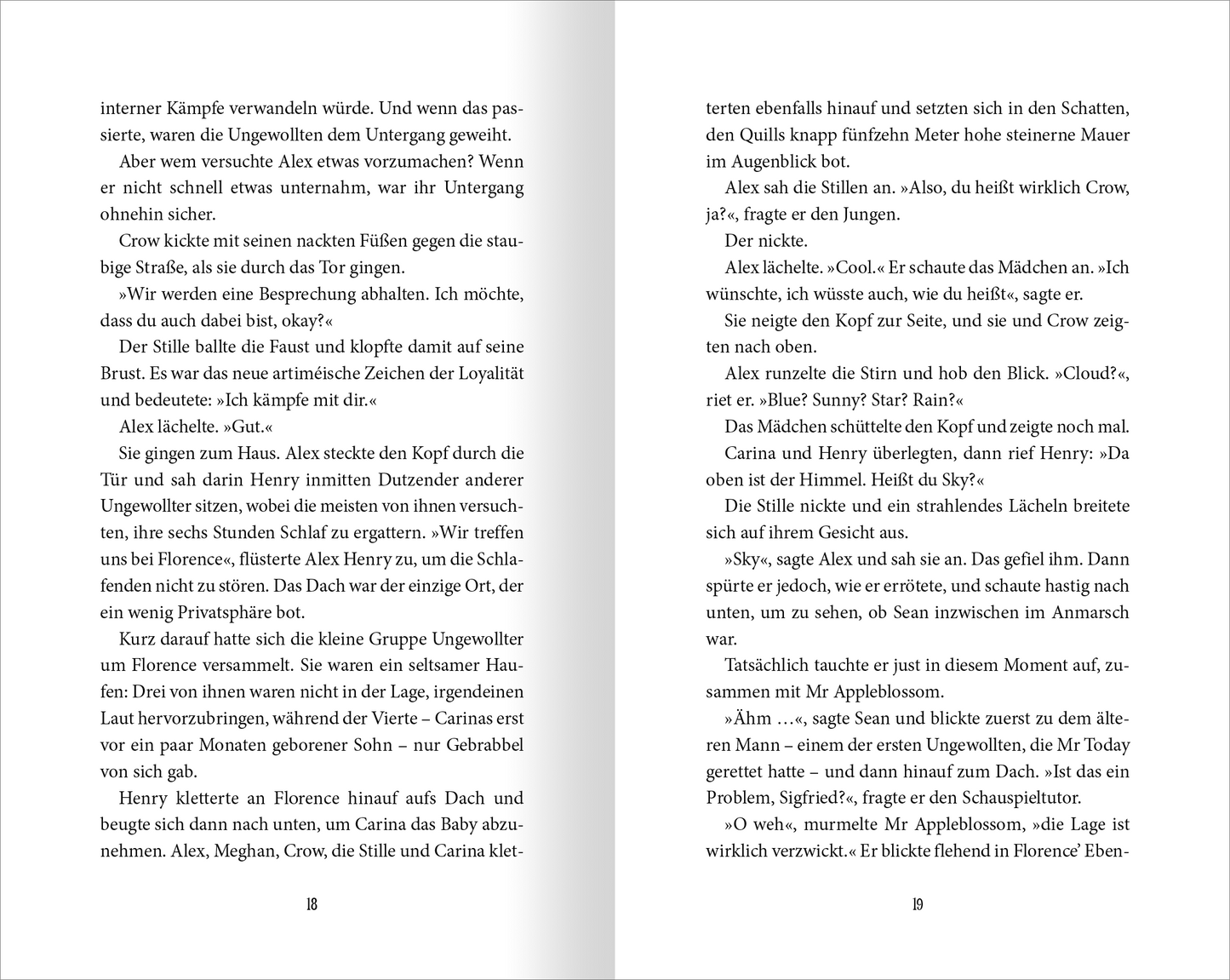 Gezeigt wird eine Innen- oder Zusatzansicht von „Wächter der Magie – Die Feuerinsel“. Die Seite zeigt zwei Spalten Text in einer klaren, gut lesbaren Serifenschrift. Der Hintergrund ist in einem Weiß gehalten, während der Text in dunkler Schriftfarbe kontrastiert. Zwischen den Absätzen sind schmale Zeilenabstände, die die Lesbarkeit erhöhen. Die Seitenzahlen befinden sich am unteren Rand.