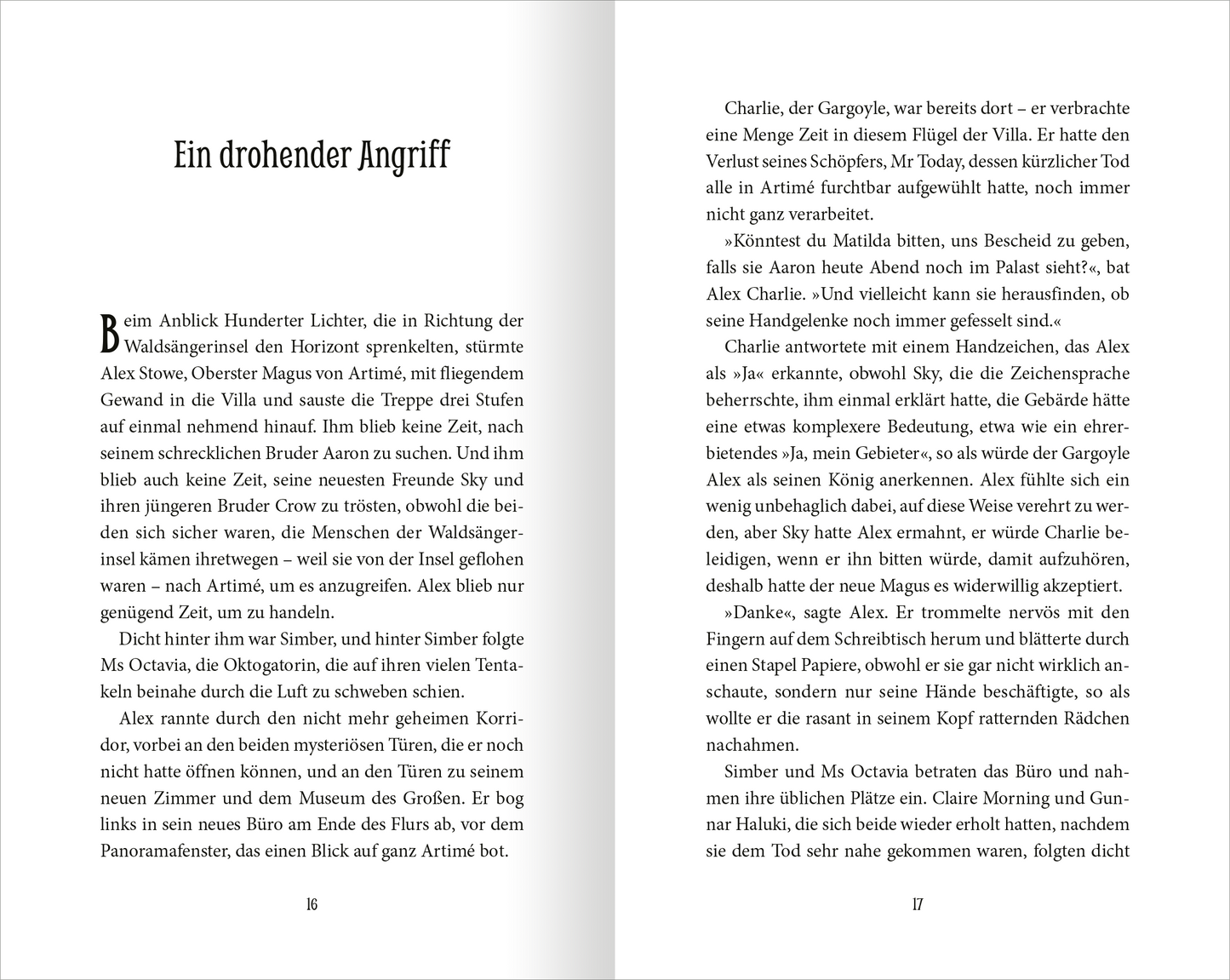 Gezeigt wird eine Innenansicht von „Wächter der Magie – Insel der Legenden“. Die Seite zeigt den Text in klassischer, gut lesbarer Serifen-Typografie, die in Schwarz auf hellem Hintergrund gedruckt ist. Die Seitenränder sind gleichmäßig, und der Text ist klar strukturiert.