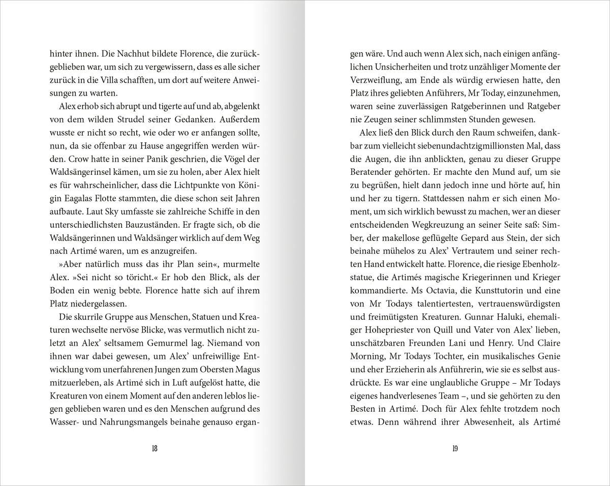 Gezeigt wird eine Innenansicht von „Wächter der Magie – Insel der Legenden“. Die Seite zeigt den Text in klassischer, gut lesbarer Serifen-Typografie, die in Schwarz auf hellem Hintergrund gedruckt ist. Die Seitenränder sind gleichmäßig, und der Text ist klar strukturiert.