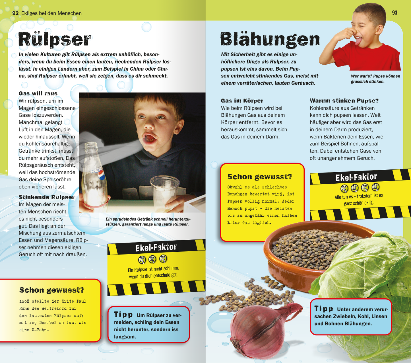 Gezeigt wird eine Innen- oder Zusatzansicht von „Die 100 ekligsten Dinge der Welt“. Die Seite ist in lebendige Farben gestaltet, mit einem gelben Hintergrund und schwarzen Warnstreifen. Links wird das Thema „Rülpser“ behandelt, begleitet von einem Bild eines Jungen, der ein Getränk konsumiert. Rechts widmet sich die Seite dem Thema „Blähungen“, mit einer typografischen Mischung aus modernen und fetten Schriftarten. Farbenfrohe Kästen heben wichtige Informationen hervor und...