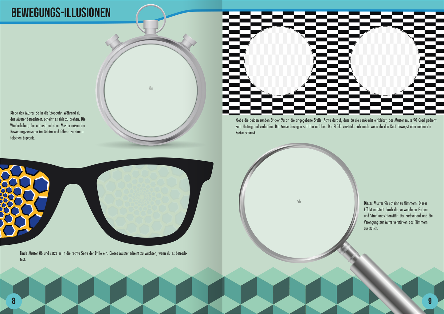 Gezeigt wird eine Innen- oder Zusatzansicht von „Optische Illusionen Stickerheft“. Die Seite präsentiert grafische Elemente in sanften Farben, vorwiegend Hellblau und Mintgrün, kombiniert mit kontrastierenden Schwarz-Weiß-Mustern. Zu sehen sind Illustrationen von Brillen und einer Lupe, die sich mit Bewegungseffekten befassen. Die Typografie ist modern und gut lesbar, die schriftlichen Erklärungen sind klar strukturiert, um den Inhalt leicht verständlich zu machen.