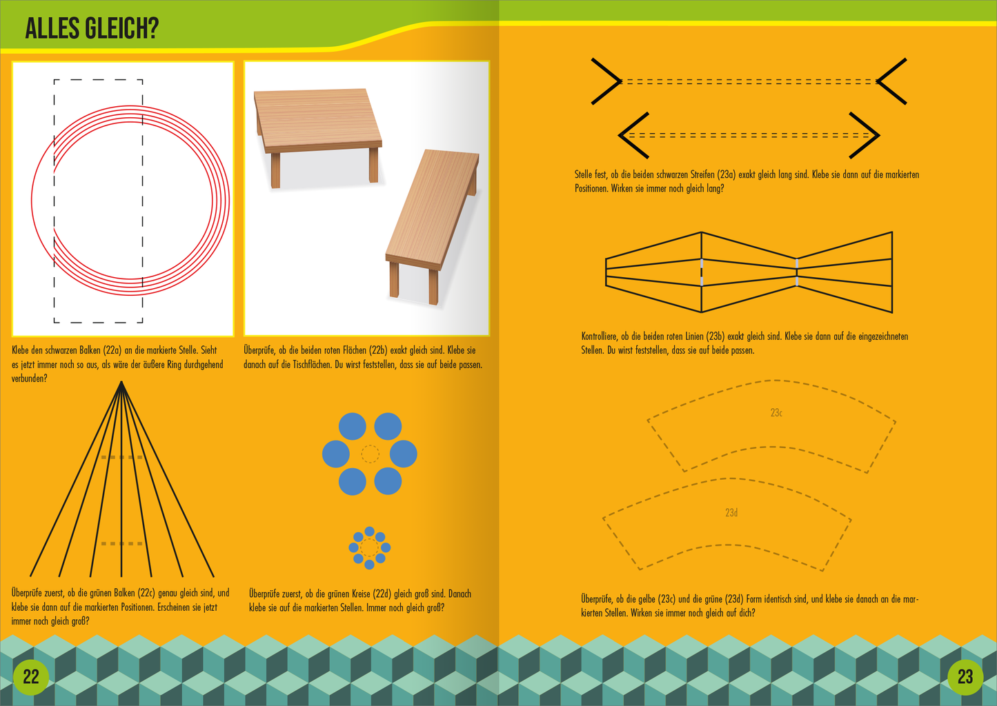 Gezeigt wird eine Innen- oder Zusatzansicht von „Optische Illusionen Stickerheft“. Die Doppelseite zeigt verschiedene optische Täuschungen. Links sind rote Linien, die einen Kreis umreißen, daneben ein schlichtes Tischdesign. Auf der rechten Seite sind geometrische Formen und Anweisungen illustriert, überwiegend in klaren, schwarzen Linien auf einem gelben Hintergrund. Die Schrift ist gut lesbar und einladend gestaltet. Farbige Akzente in Grün und Blau ergänzen das Layout.