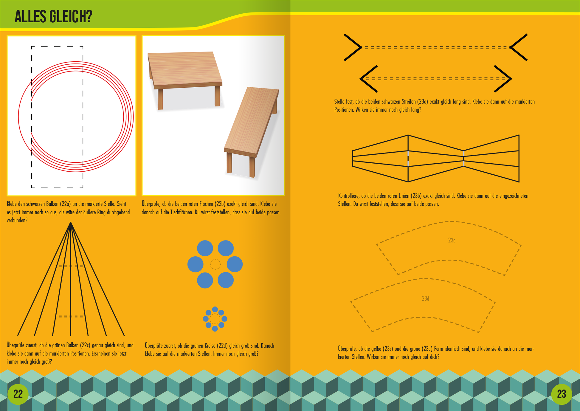 Gezeigt wird eine Innen- oder Zusatzansicht von „Optische Illusionen Stickerheft“. Die Doppelseite zeigt verschiedene optische Täuschungen. Links sind rote Linien, die einen Kreis umreißen, daneben ein schlichtes Tischdesign. Auf der rechten Seite sind geometrische Formen und Anweisungen illustriert, überwiegend in klaren, schwarzen Linien auf einem gelben Hintergrund. Die Schrift ist gut lesbar und einladend gestaltet. Farbige Akzente in Grün und Blau ergänzen das Layout.
