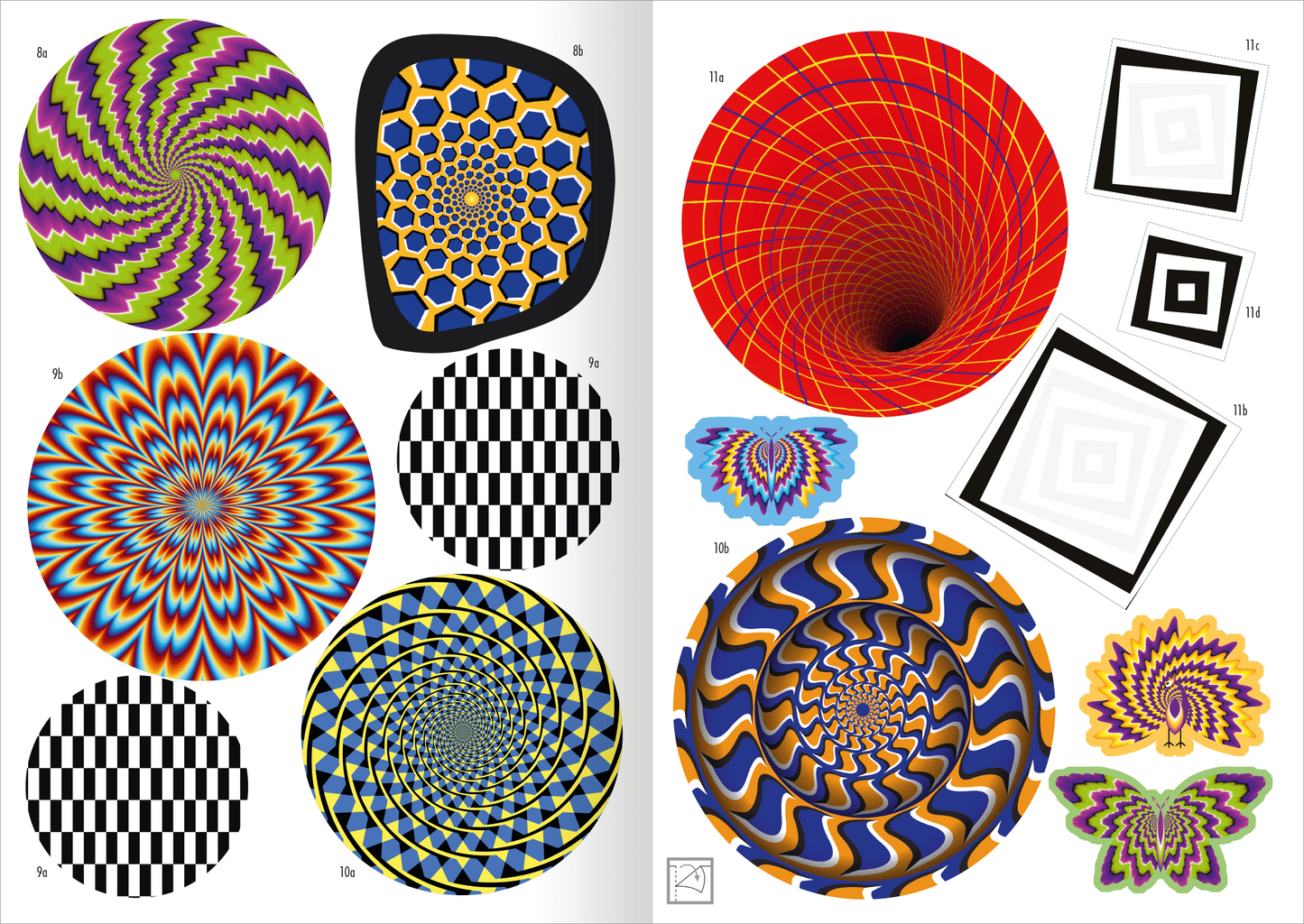 Gezeigt wird eine Innen- oder Zusatzansicht von „Optische Illusionen Stickerheft“. Die Seiten sind gefüllt mit bunten, spiralförmigen Mustern und geometrischen Formen in lebhaften Farben wie Rot, Blau, Lila und Gelb. Die Typografie ist klar und schraffiert, mit einigen Aufzählungen und Hinweisen. Die Anordnung der Motive wirkt dynamisch und einladend, wobei verschiedene Texturen und Kontraste die optische Illusion verstärken.