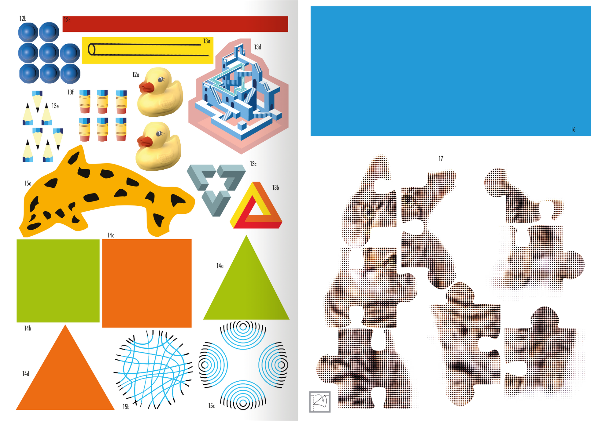 Gezeigt wird eine Innen- oder Zusatzansicht von „Optische Illusionen Stickerheft“. Die Seite präsentiert eine Vielzahl von bunten, geometrischen Formen und Illustrationen, darunter blaue Kugeln, gelbe Gummienten und ein orangefarbener Aufkleber in Katzendesign. Dominierende Farben sind Blau, Gelb, Orange und Grün. Die Typografie ist klar und übersichtlich, mit Zahlen und Buchstaben zur besseren Orientierung. Verschiedene Muster und Strukturen laden zur kreativen Gestaltung ein.