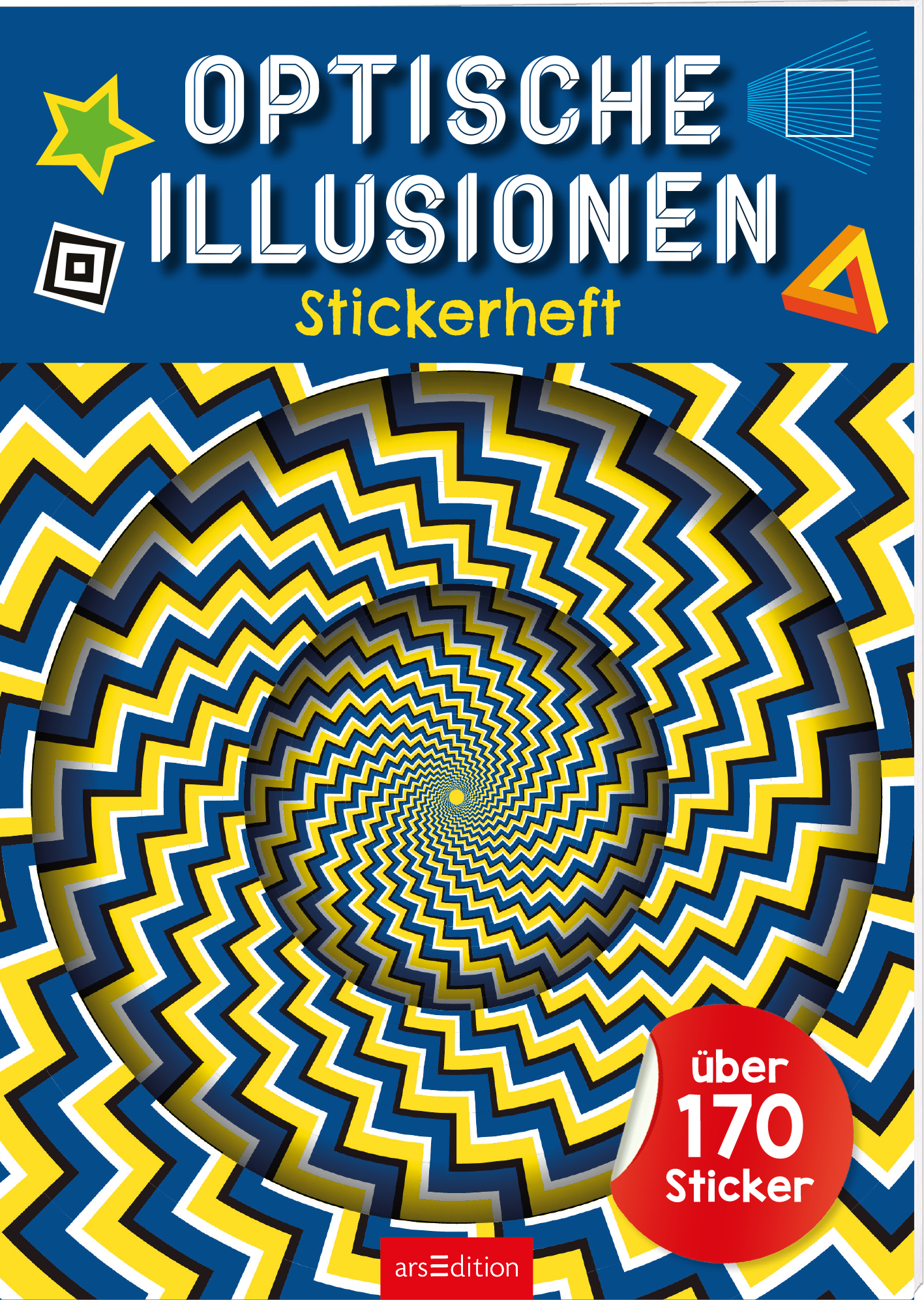 Das Buchcover zeigt den Titel „OPTISCHE ILLUSIONEN“ in großen, weißen Buchstaben auf blauem Hintergrund. Der Untertitel „Stickerheft“ ist ebenfalls in Weiß, jedoch kleiner. Eine auffällige Spirale in Schwarz, Gelb und Blau zieht das Auge in die Mitte des Covers. Rechts unten befindet sich ein roter Button mit der Aufschrift „über 170 Sticker“. Ganz unten mittig steht der Logoschriftzug von arsEdition.