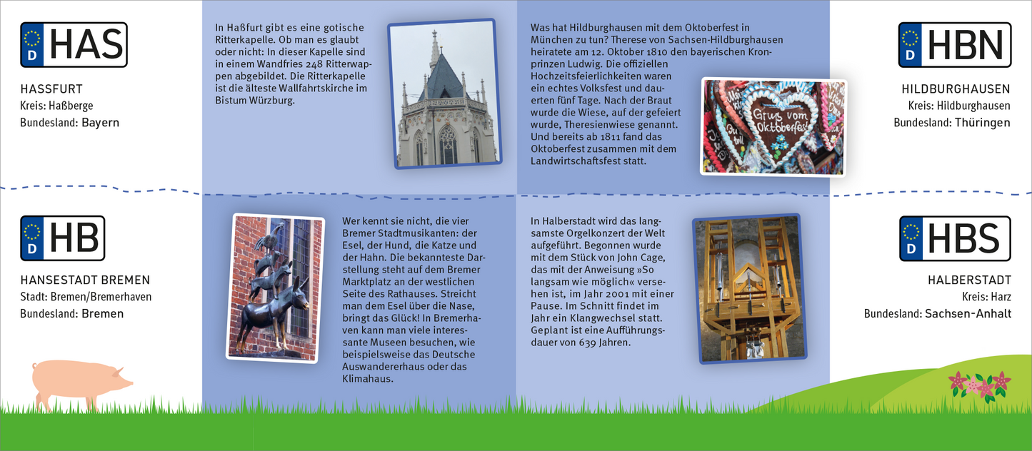 Gezeigt wird eine Innenansicht von „Autokennzeichen“. Das Layout ist in einem klaren, übersichtlichen Stil gehalten mit leichten Farben wie Blau und Grün. Die Schriftart ist modern und gut lesbar. Es sind Illustrationen und Fotos von typischen Sehenswürdigkeiten aus den dargestellten Städten zu sehen, begleitet von kurzen, informativen Texten, die die jeweiligen Besonderheiten betonen. Die Anordnung der Elemente ist strukturiert, wodurch eine schnelle Orientierung möglich ist.