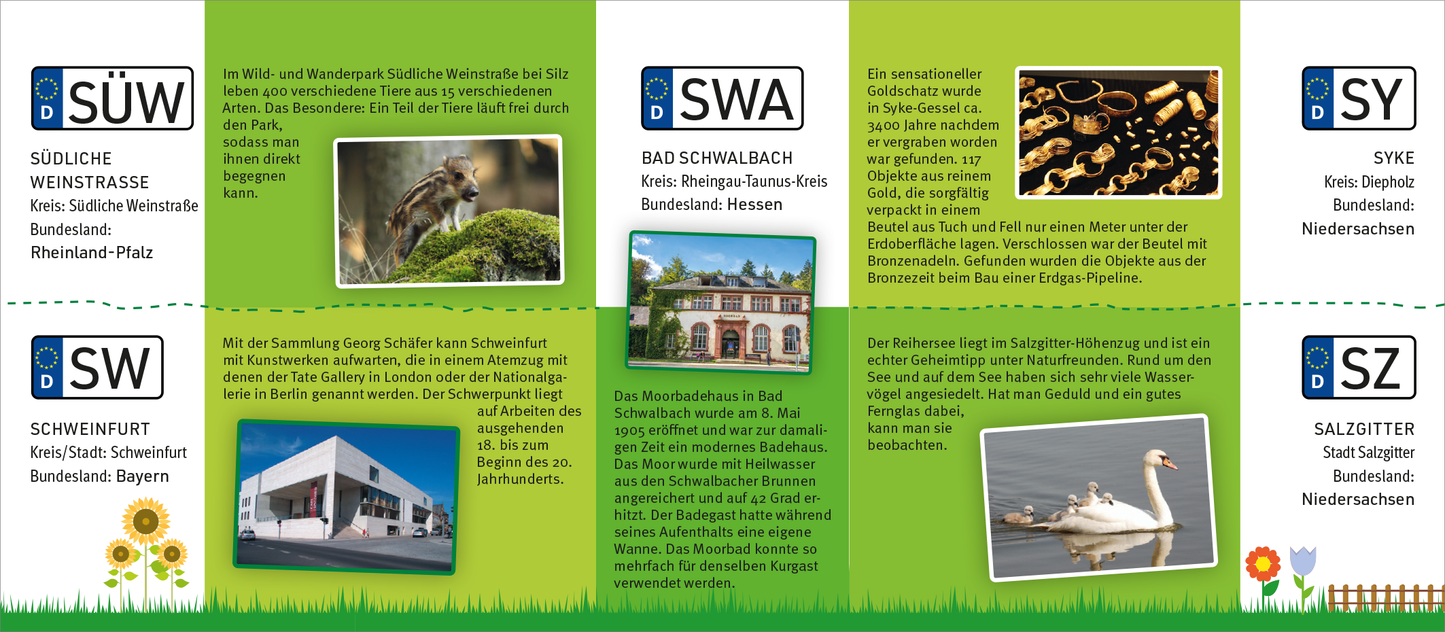 Gezeigt wird eine Innen- oder Zusatzansicht von „Autokennzeichen“. Der Hintergrund ist in verschiedenen Grüntönen gehalten und enthält grafische Elemente wie Blumen und ein stilisiertes Grasdesign. Die Hauptinformationen sind in gut lesbarer, schwarzer Schriftart dargestellt, ergänzt durch blaue Logos in rechteckigen Kästen, die die jeweiligen Orts- oder Kreisnamen anzeigen. Unter den Texten sind kleine, illustrative Bilder platziert, die dazugehörige Sehenswürdigkeiten oder...