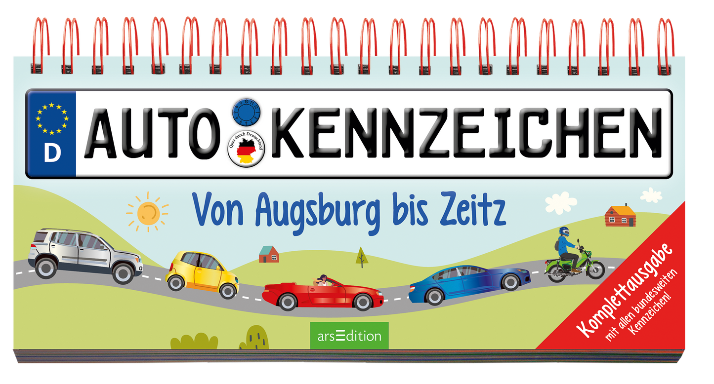 Das Buchcover zeigt den Titel „AUTO KENNZEICHEN“ in großen, schwarzen Buchstaben auf hellblauem Hintergrund, umrahmt von einer lockeren, kindgerechten Grafik. Darunter steht „Von Augsburg bis Zeitz“ in freundlichem, hellblauem Schriftzug. In der unteren rechten Ecke befindet sich ein rotes Feld mit dem Text „Komplettausgabe mit allen Kennzeichen“. Bunte Autos in verschiedenen Farben bewegen sich auf einer kurvigen Straße unter einem strahlend blauen Himmel. Ganz unten mittig steht...
