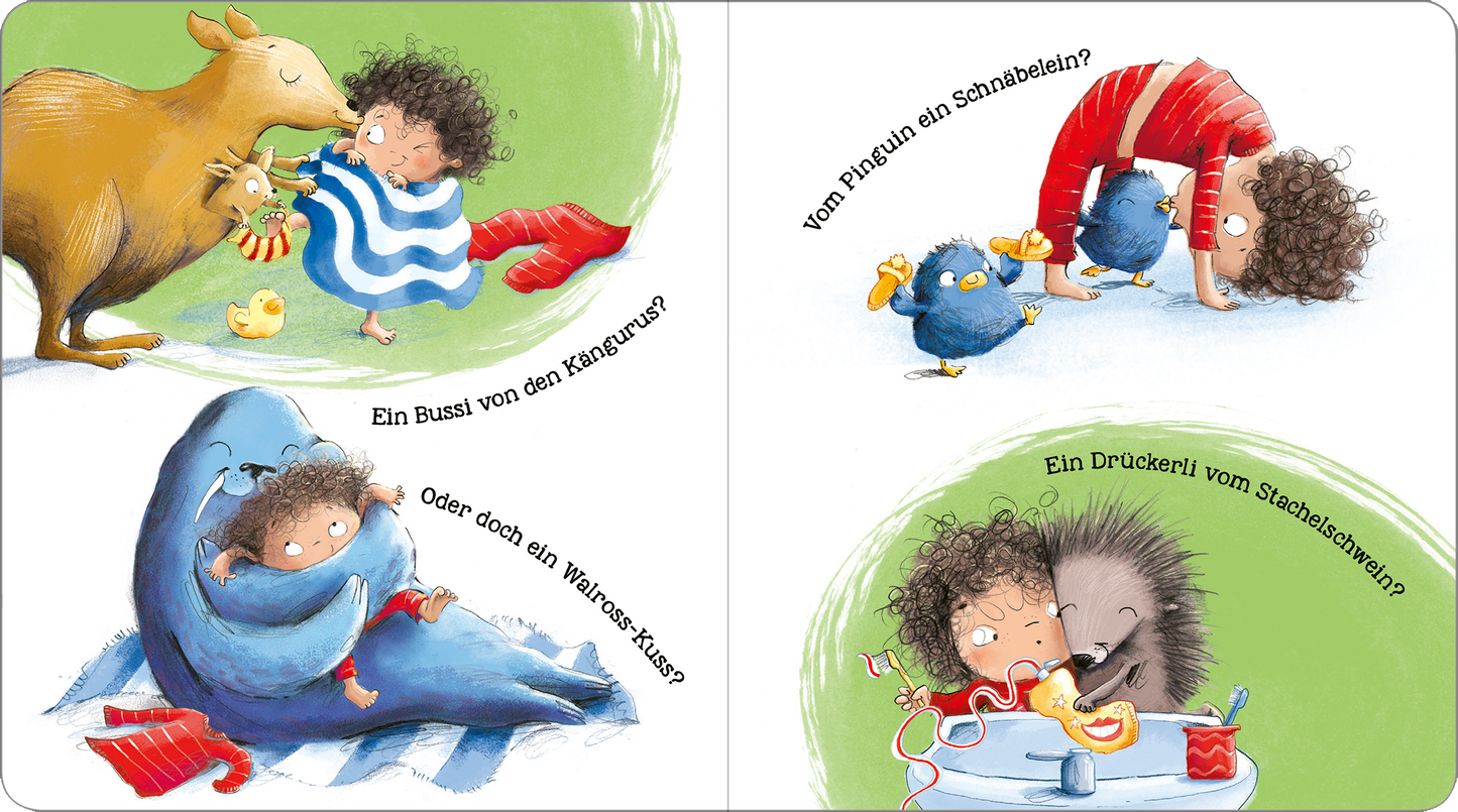 Gezeigt wird eine Innen- oder Zusatzansicht von „Die weltbeste Umarmung“. Die Illustration zeigt ein farbenfrohes Kinderbuch mit verspielten Szenen. Links umarmt ein Kind mit lockigen Haaren ein Känguru, während es ein rotes Herzchen hält. Rechts sind ein Blau-Pinguin und ein Igel zu sehen, die sich nah kommen. Die verwendeten Farben sind sanft und einladend, mit viel Grün, Blau und Rot. Die Texte sind in einer verspielten, gut lesbaren Schriftart in Schwarz gehalten, die die Fragen...